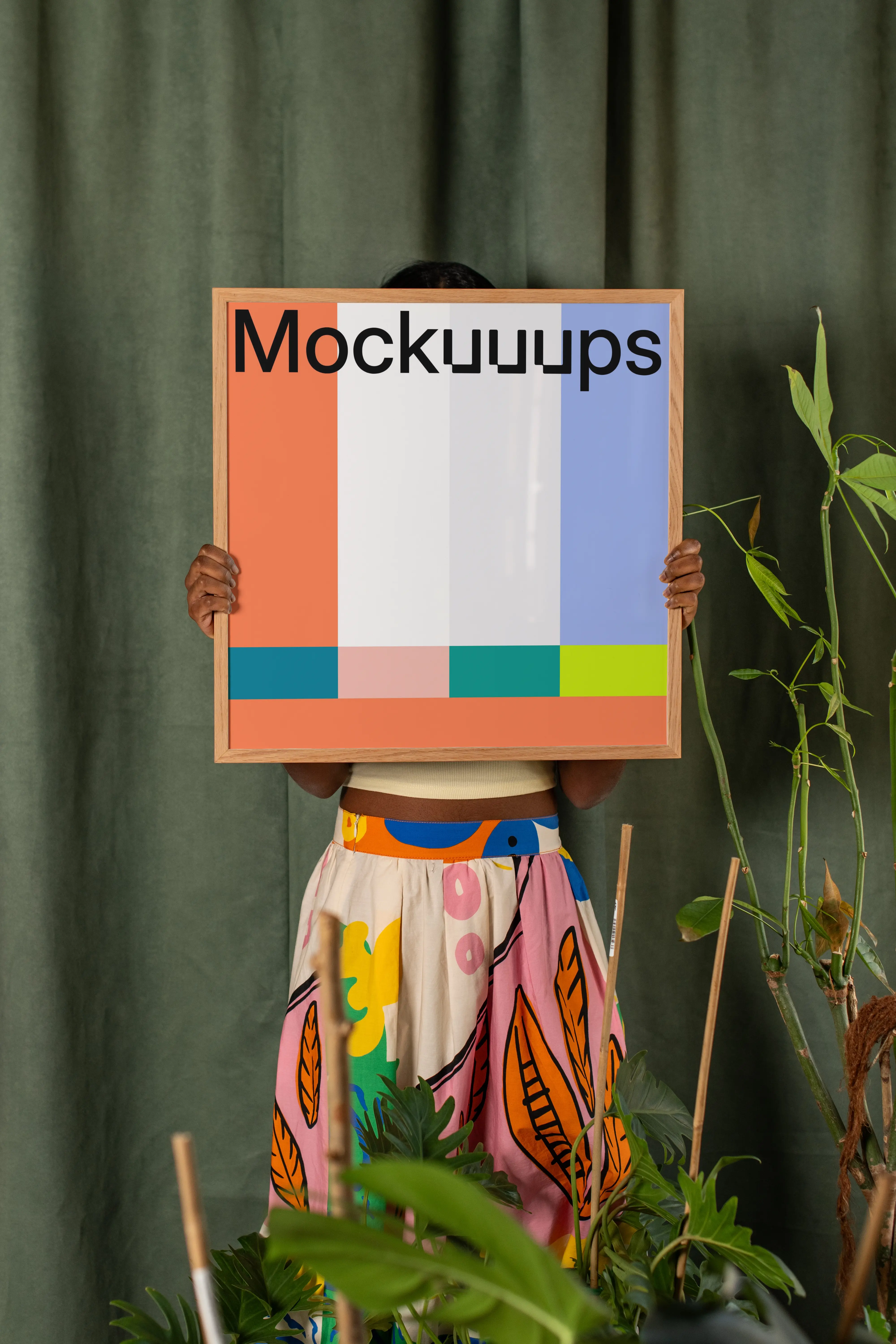 Poster mockup with person holding wooden frame in colorful setting