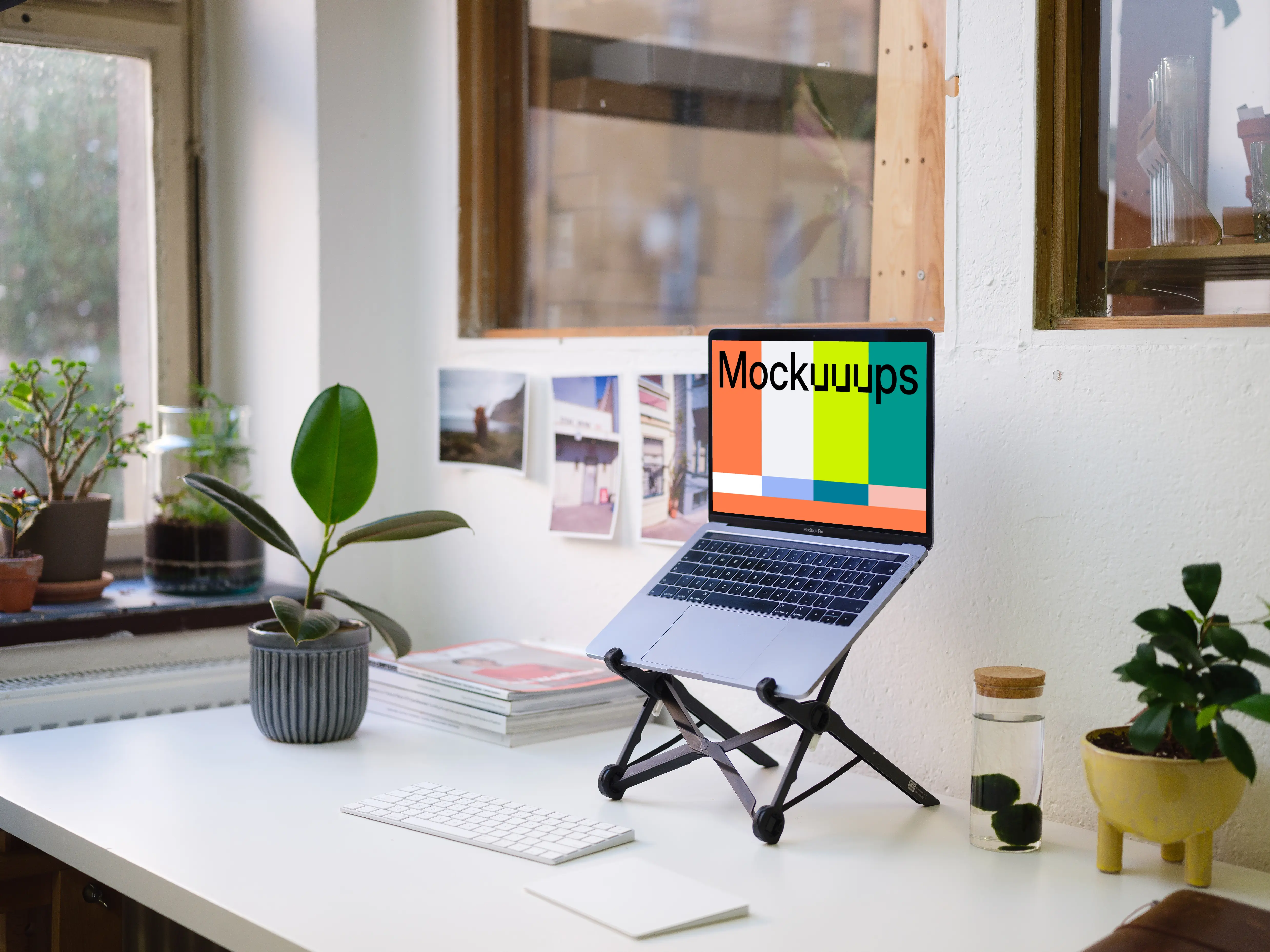 Side view of the Macbook Pro mockup on the stand