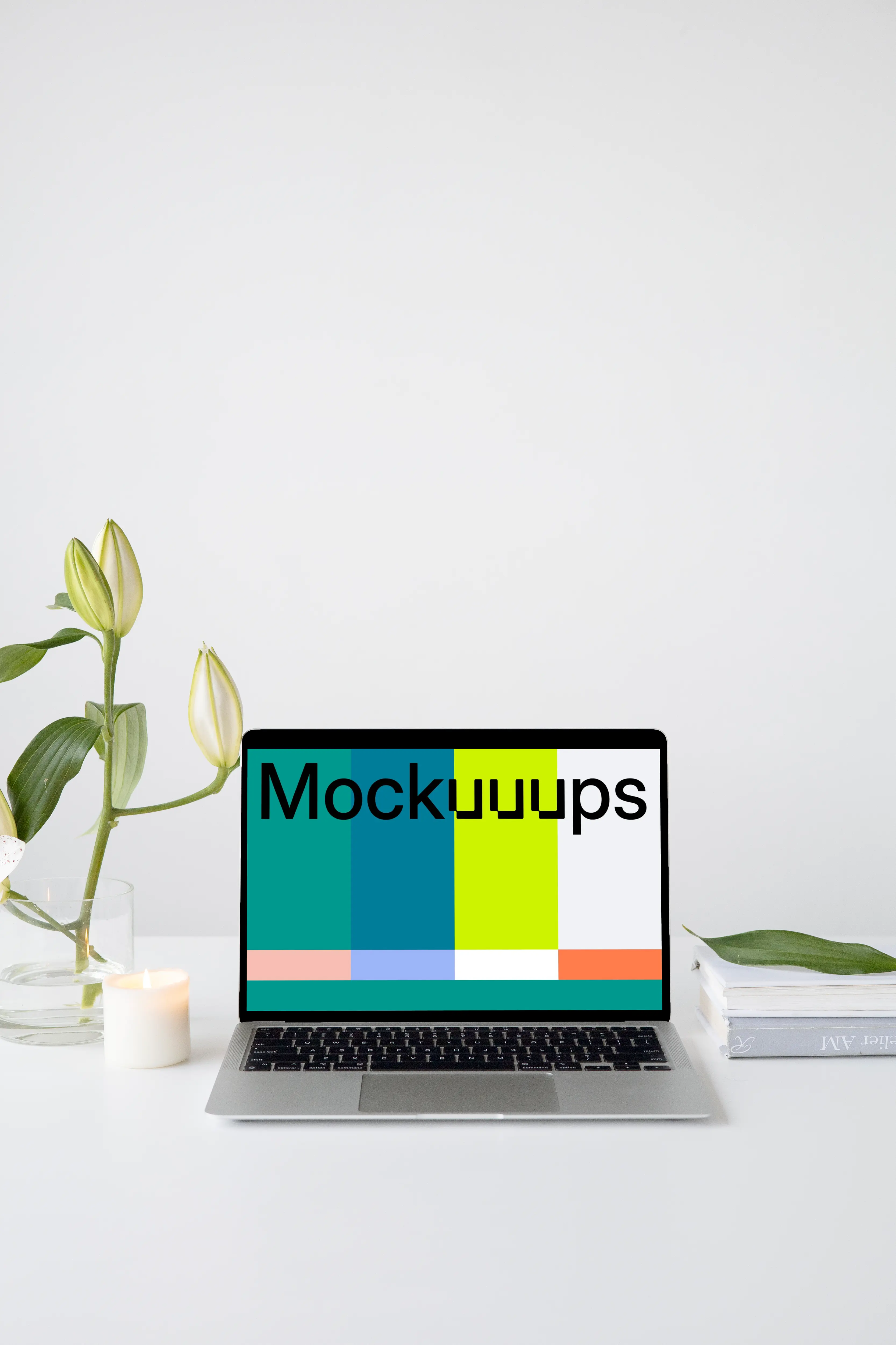 Simple MacBook mockup on a white workstation table with a plant at the side