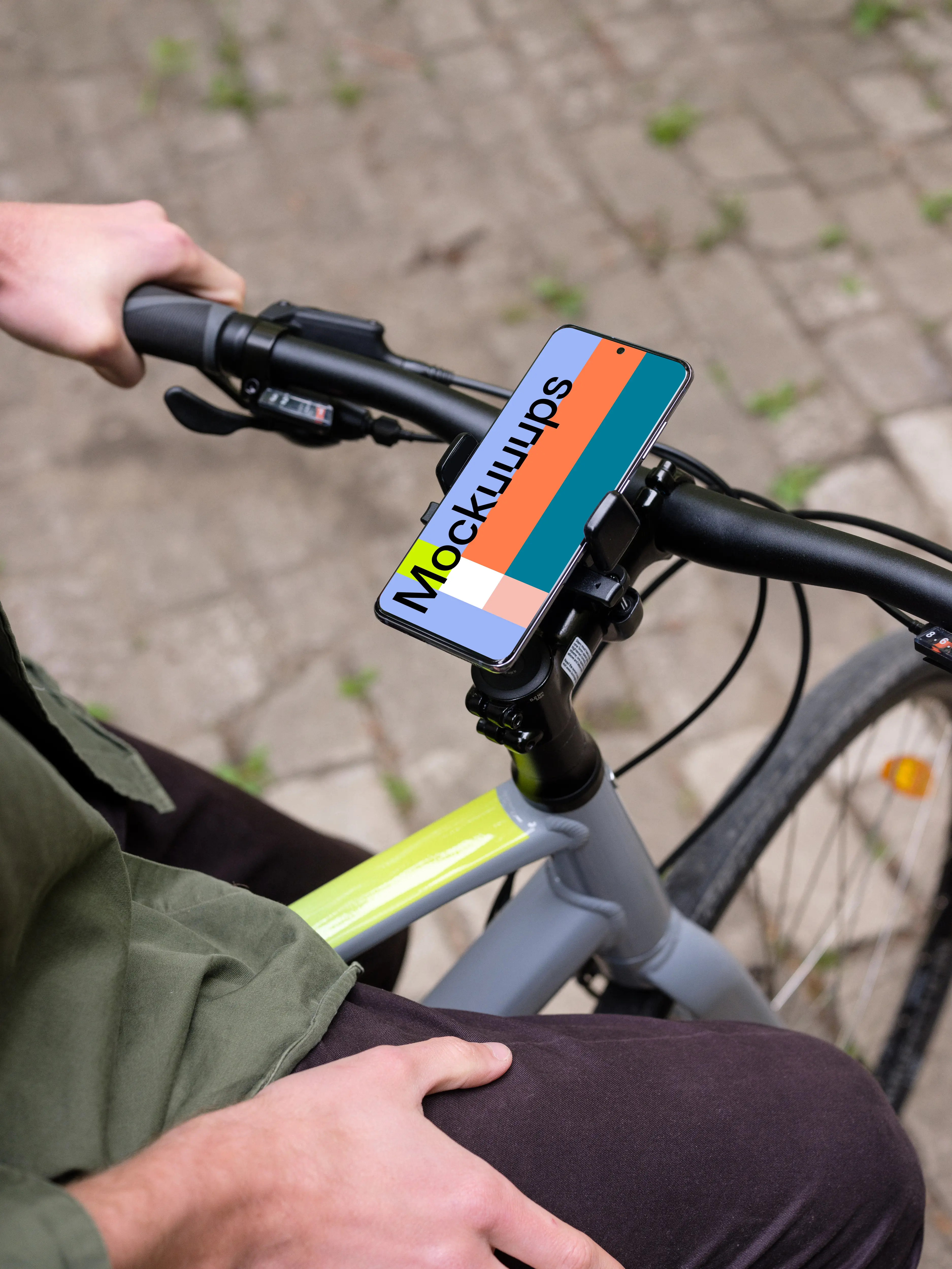 Sitting on bike with Samsung S20 mockup in a bike mount