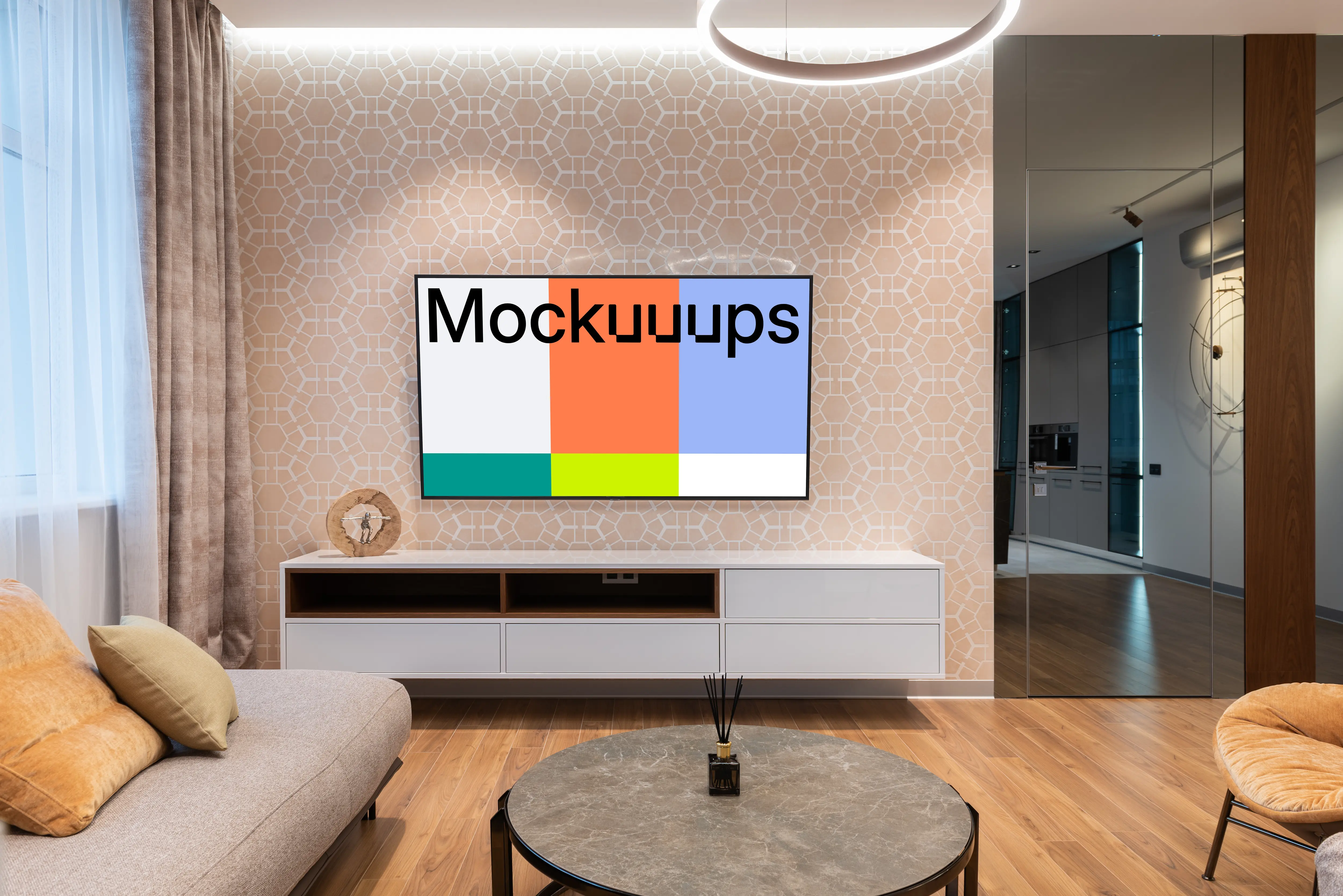 Smart television mockup in a well-designed living room