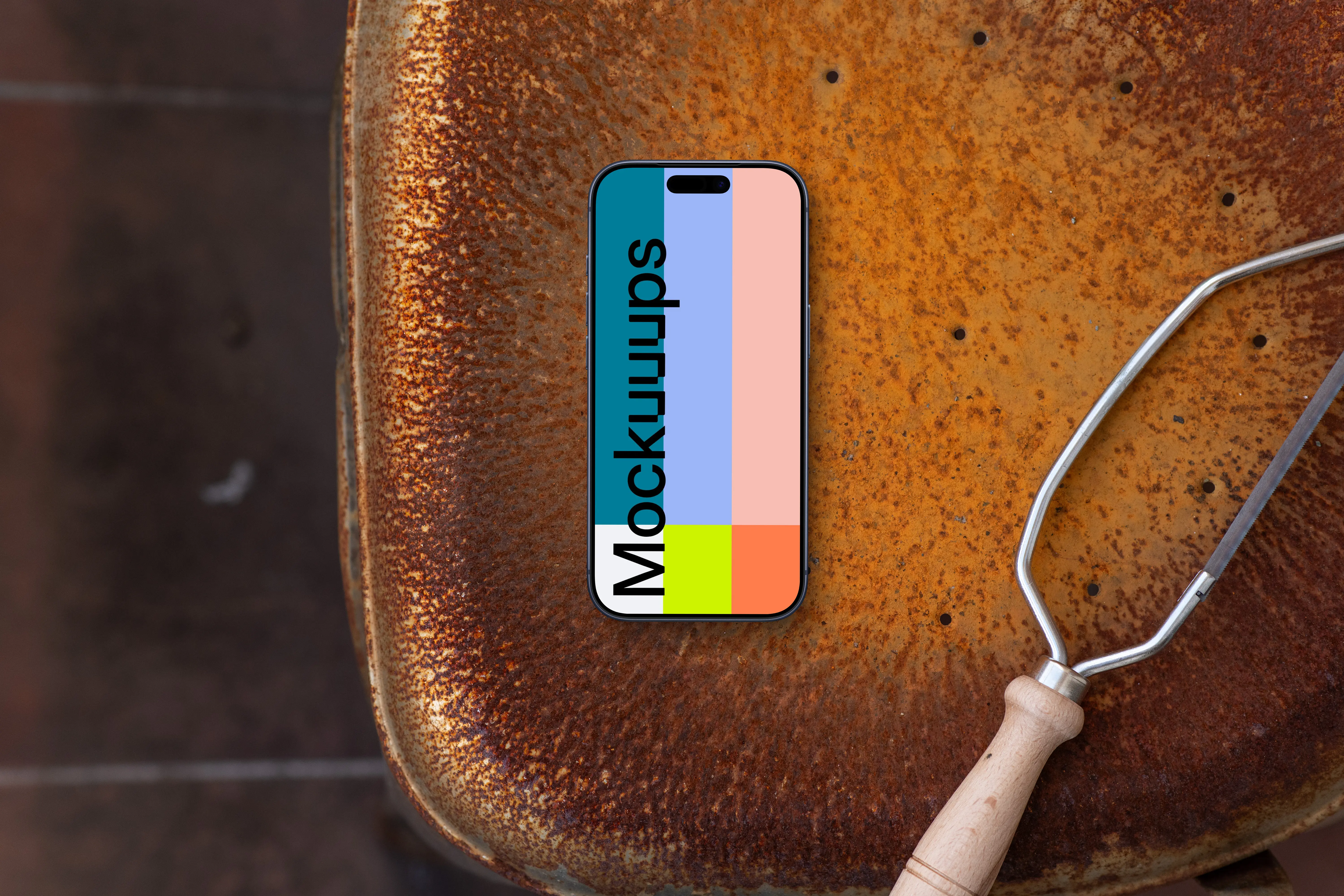 Smartphone mockup on a rustic metal chair