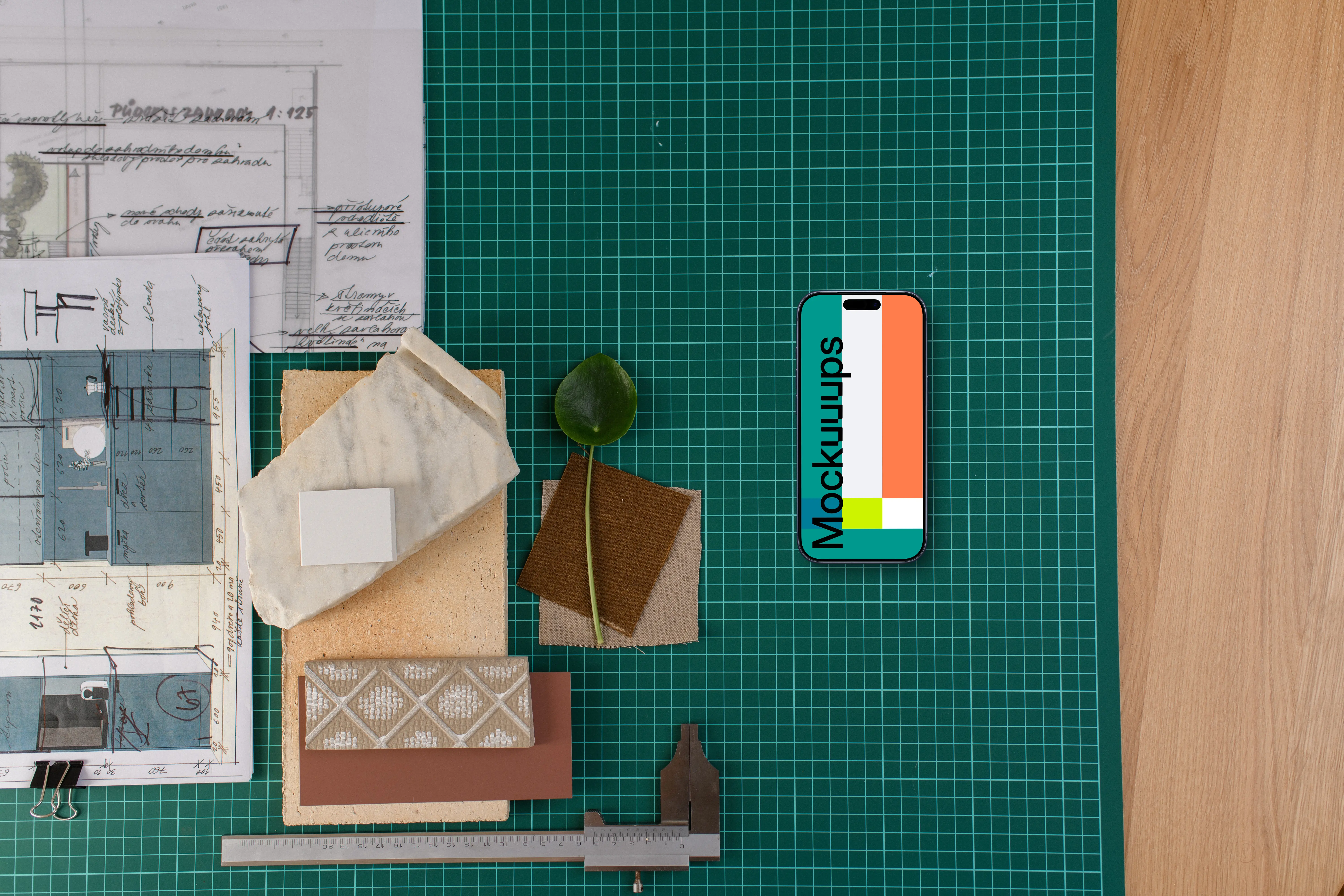 Smartphone mockup on architect's table