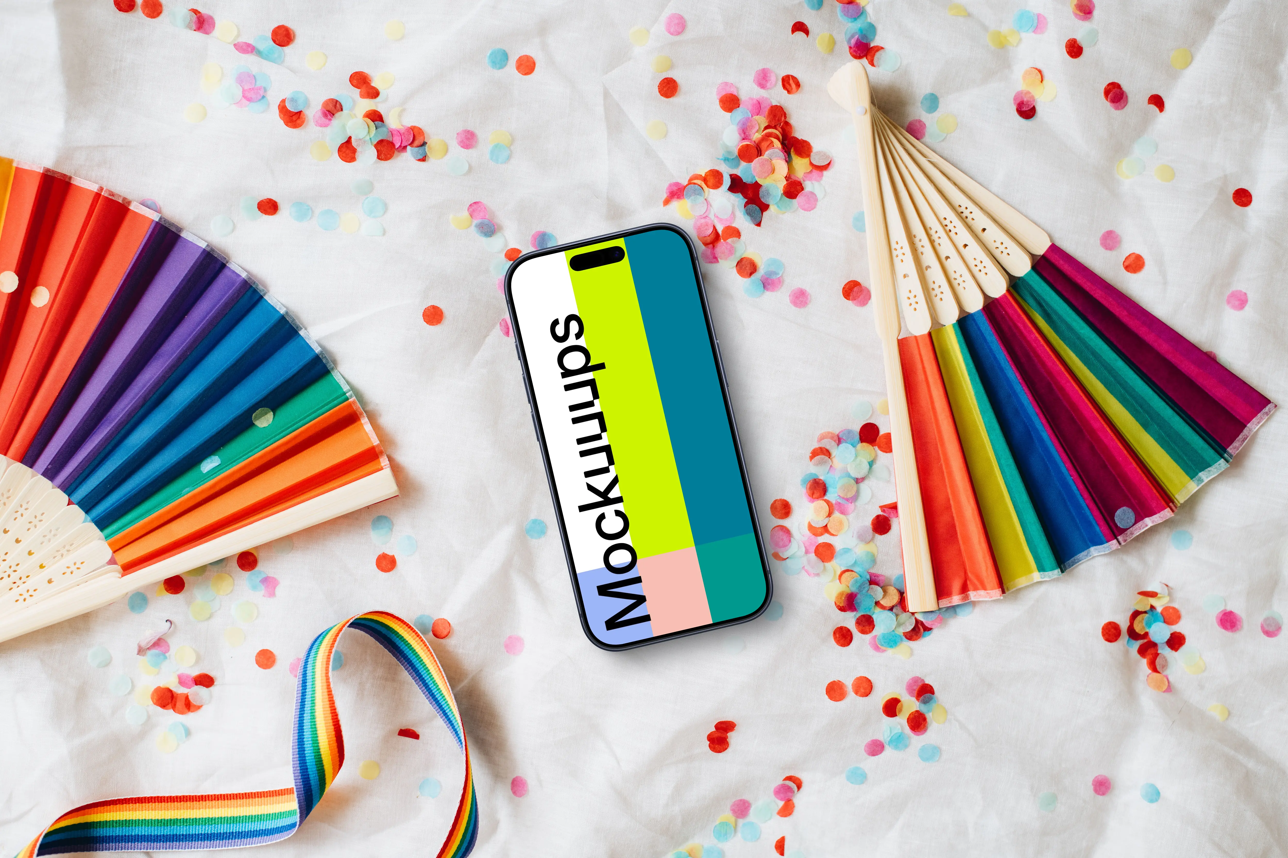 Smartphone mockup on white fabric with rainbow hand fans