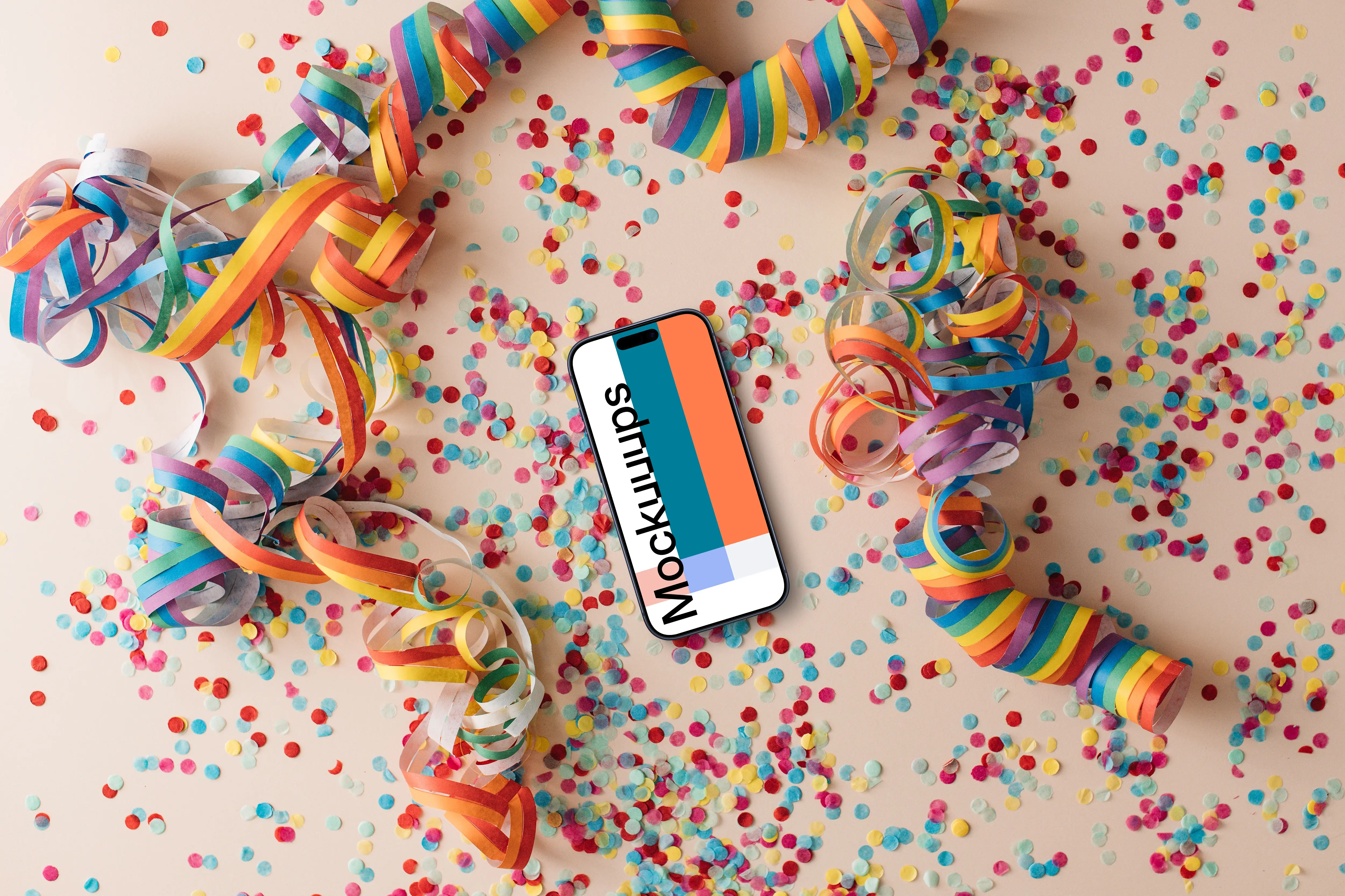 Smartphone mockup surrounded by rainbow confetti
