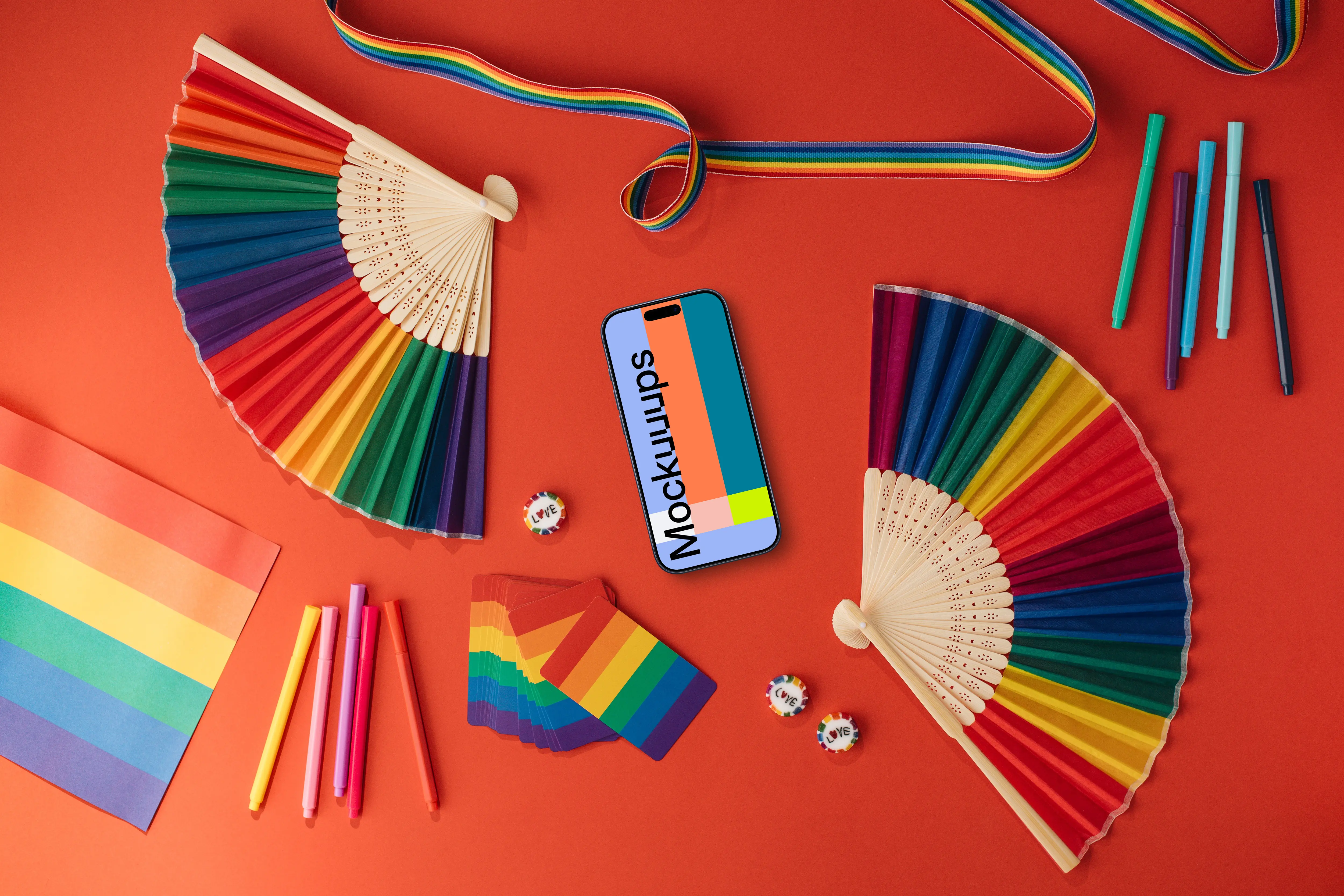 Smartphone mockup surrounded by rainbow items
