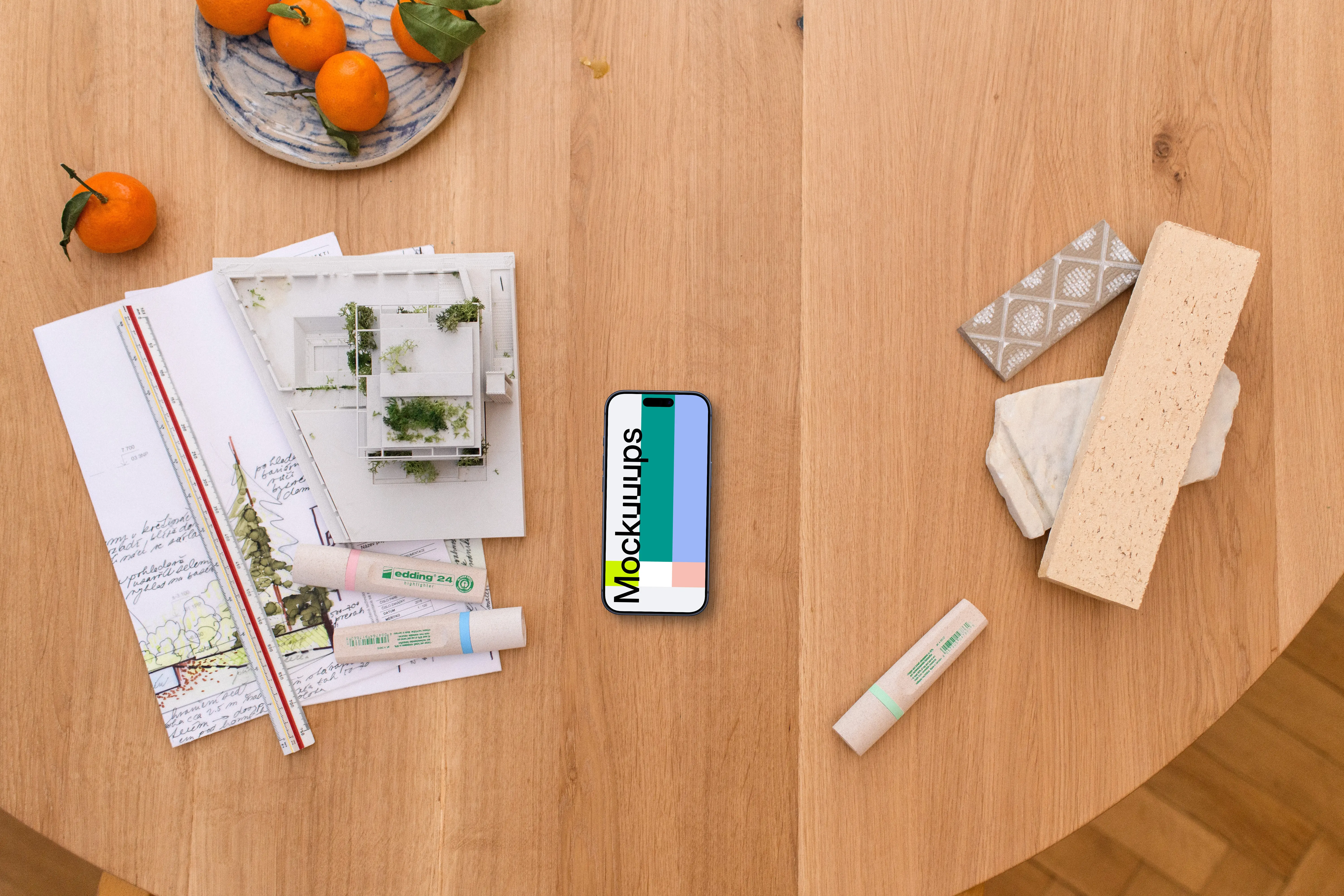 Smartphone mockup with architect blueprints