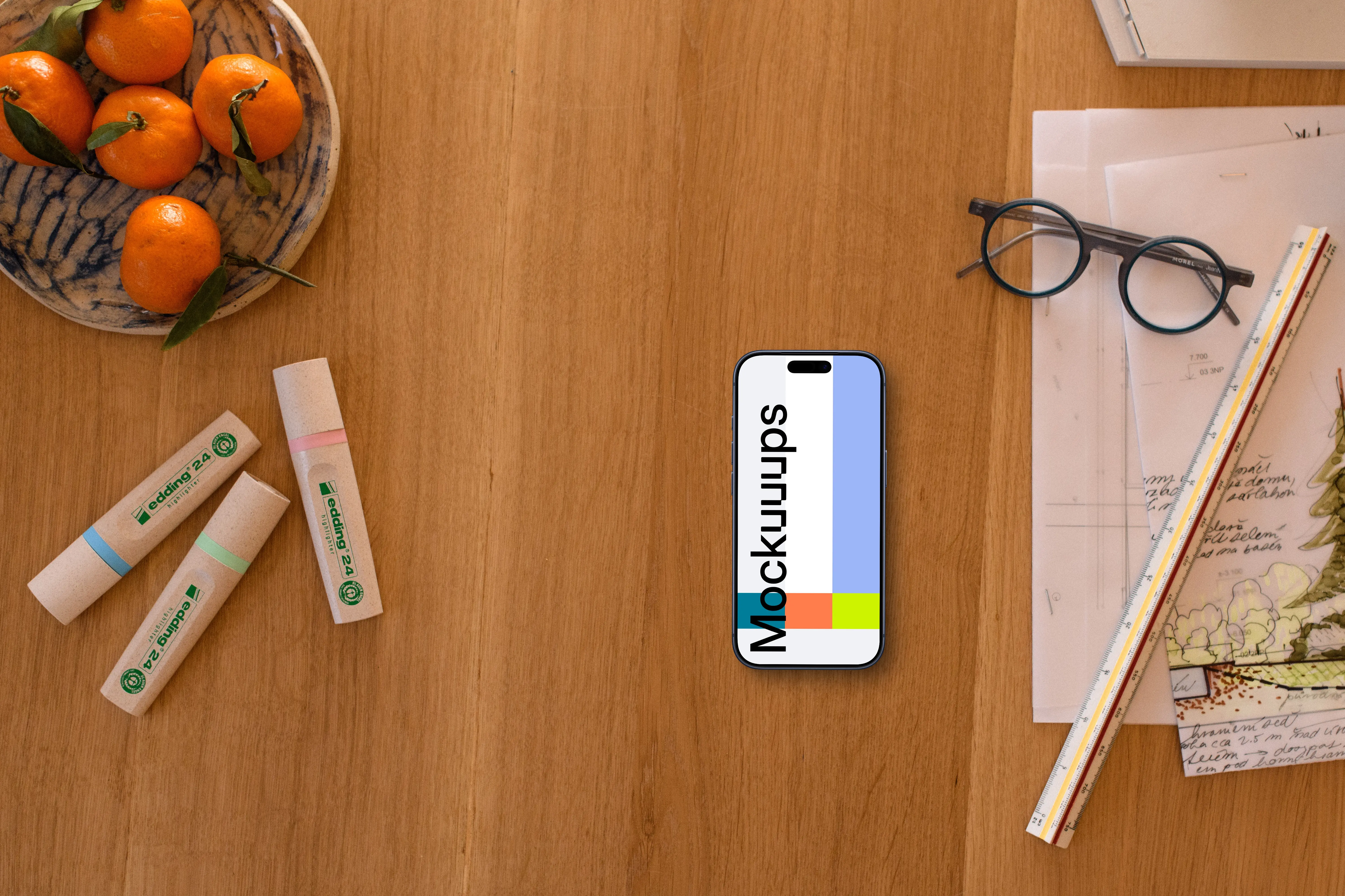 Smartphone mockup with architect's tools and decor