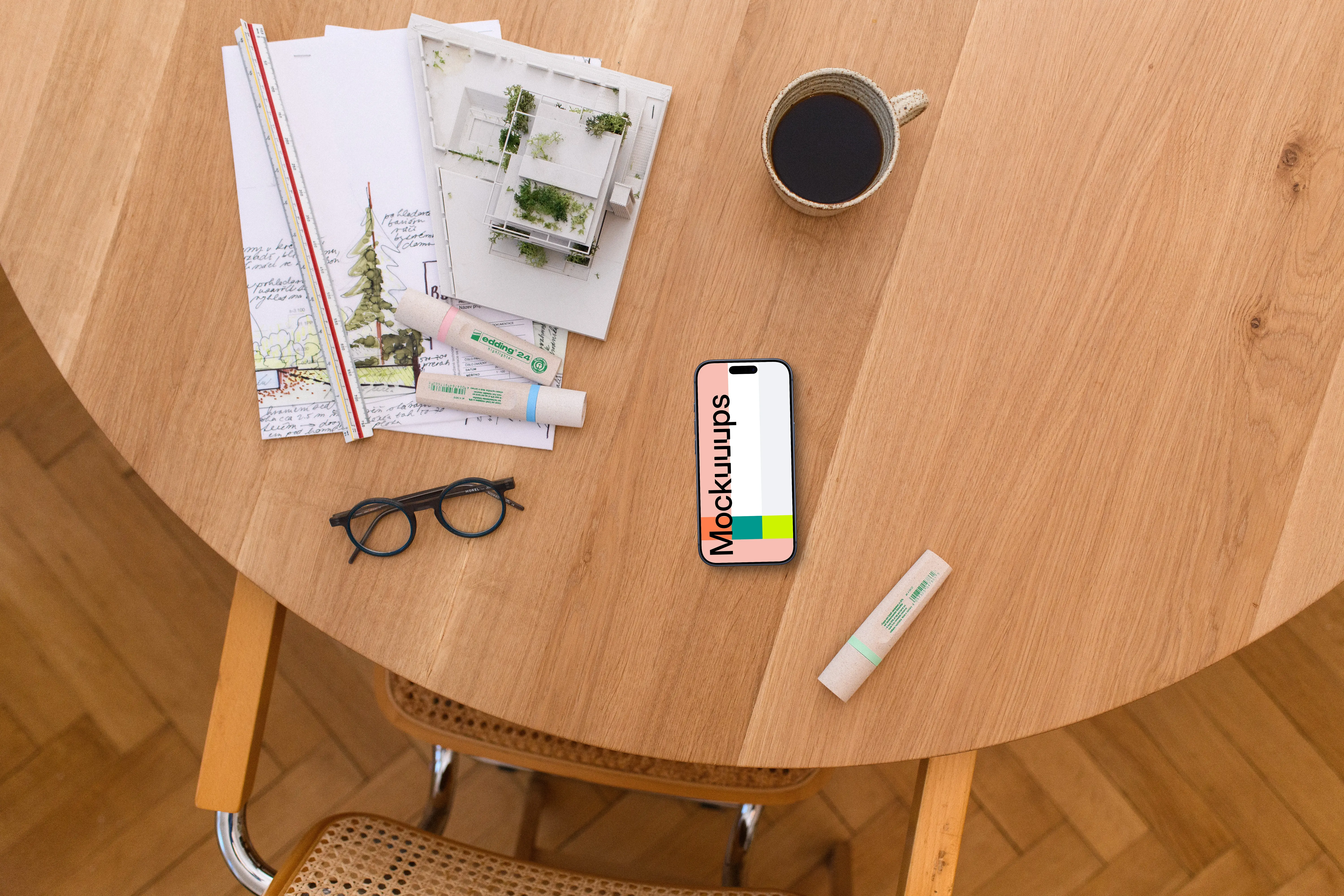 Smartphone mockup with architectural blueprints on wooden table