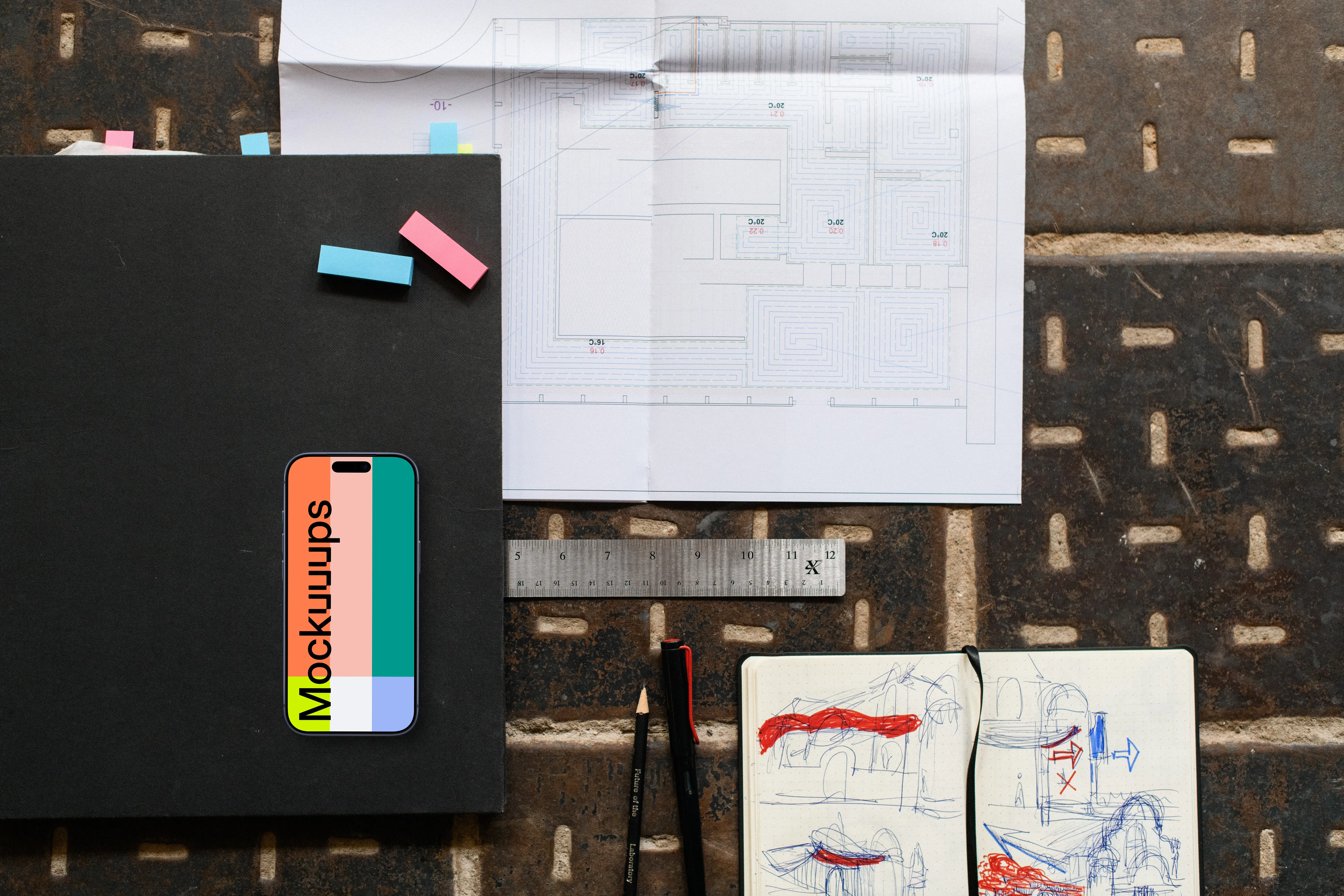 Smartphone mockup with architectural plans