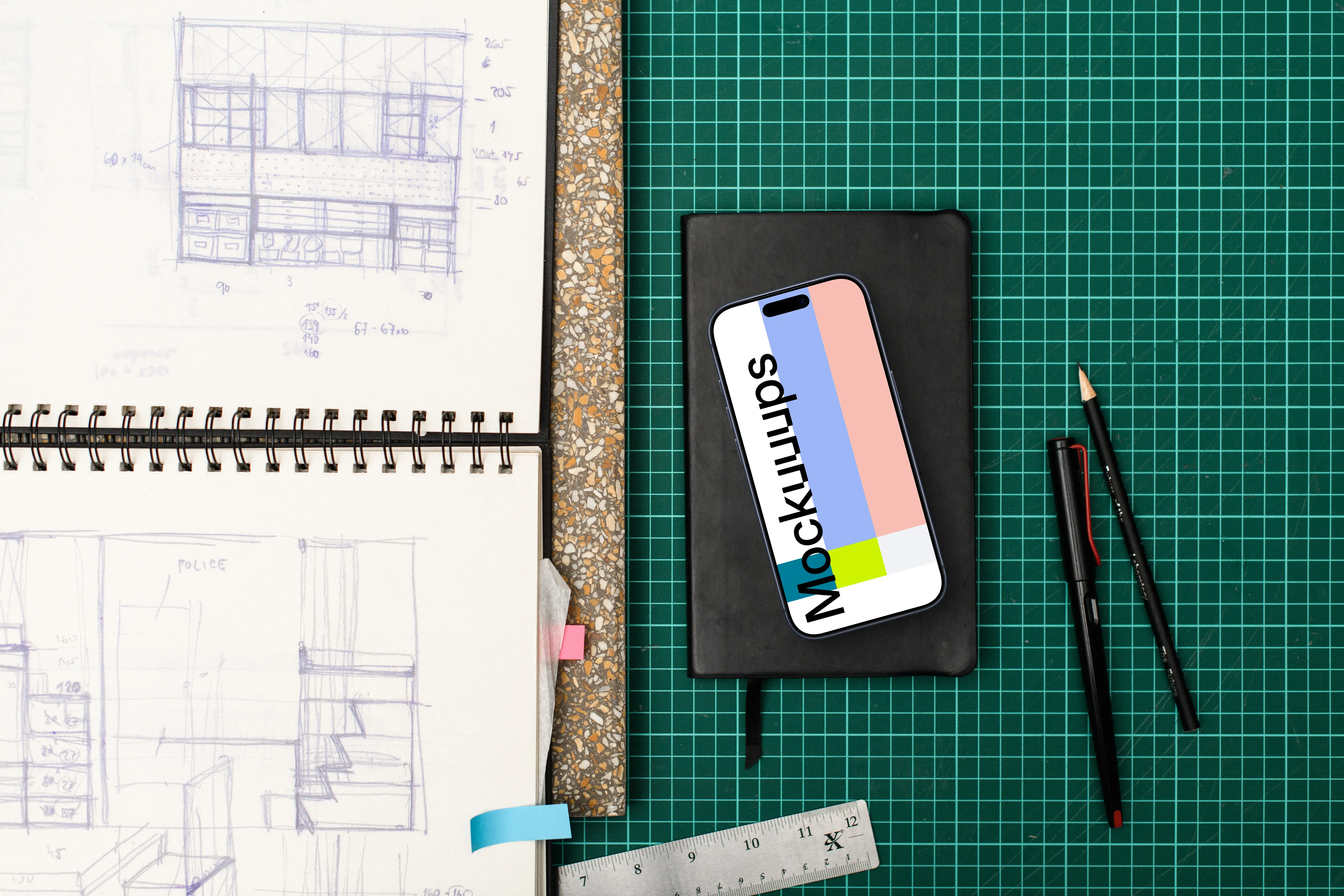Smartphone mockup with architectural sketches