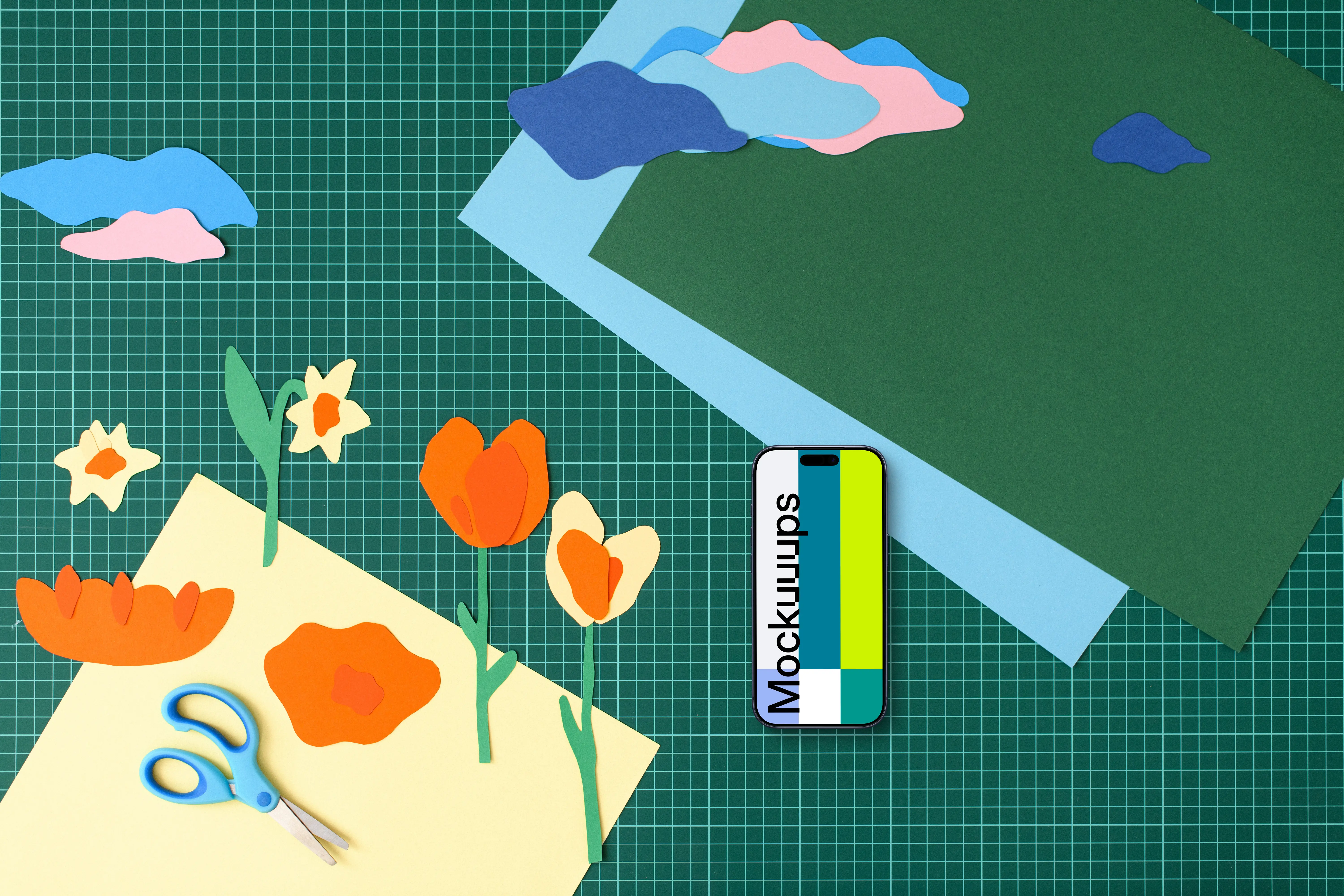 Smartphone mockup with colorful craft flowers