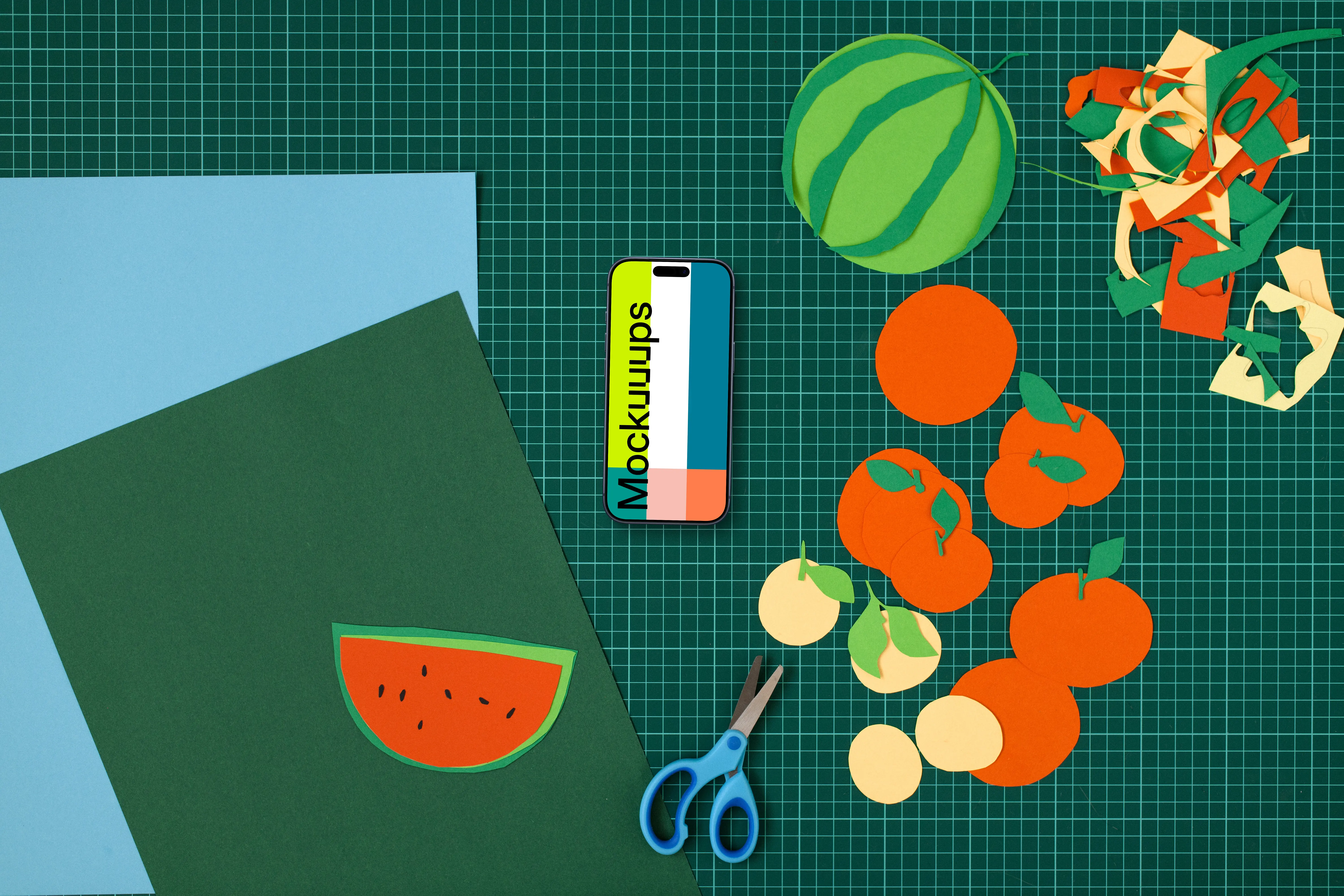 Smartphone mockup with colorful craft paper fruits