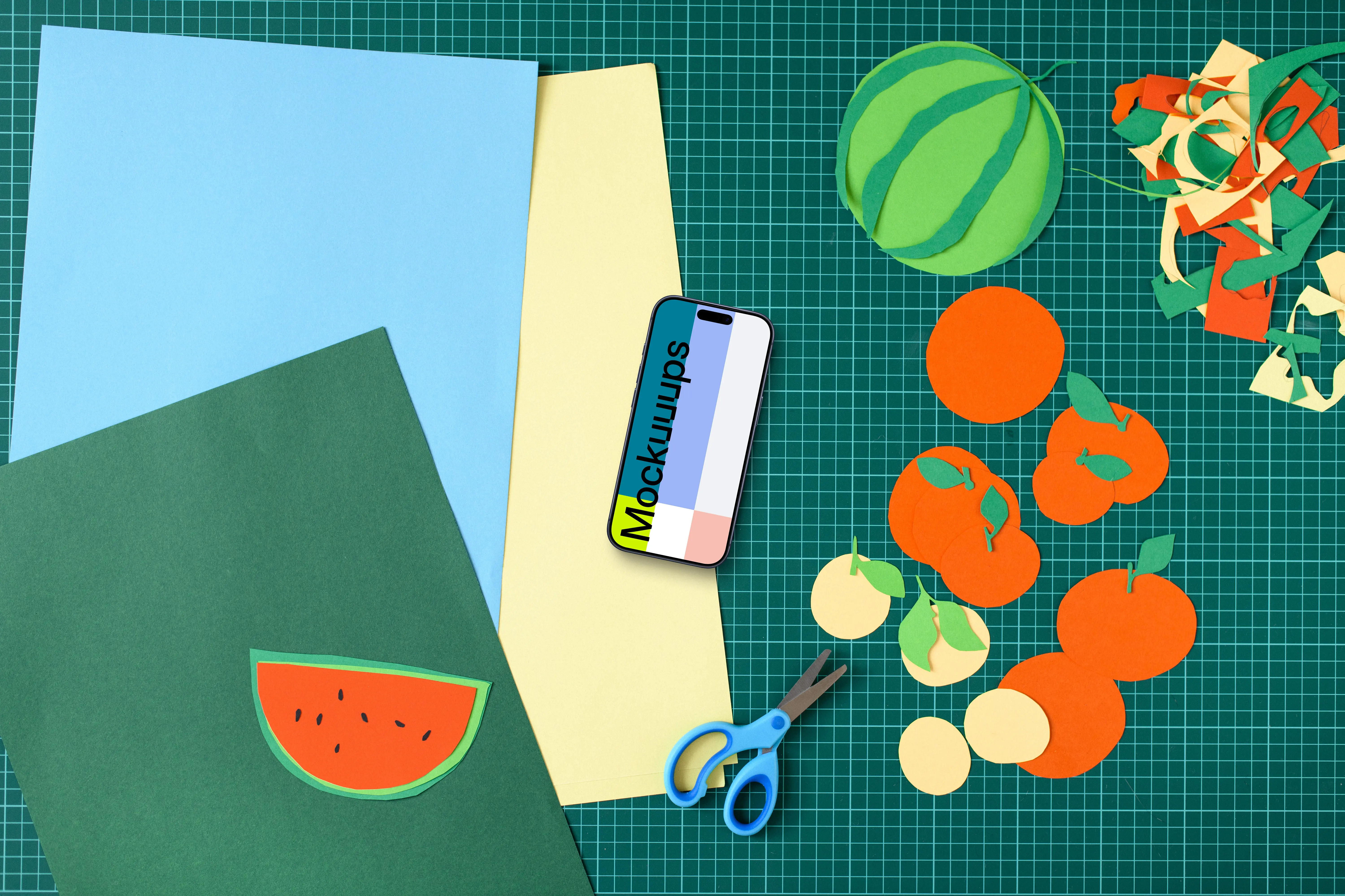 Smartphone mockup with crafty fruit paper cutouts