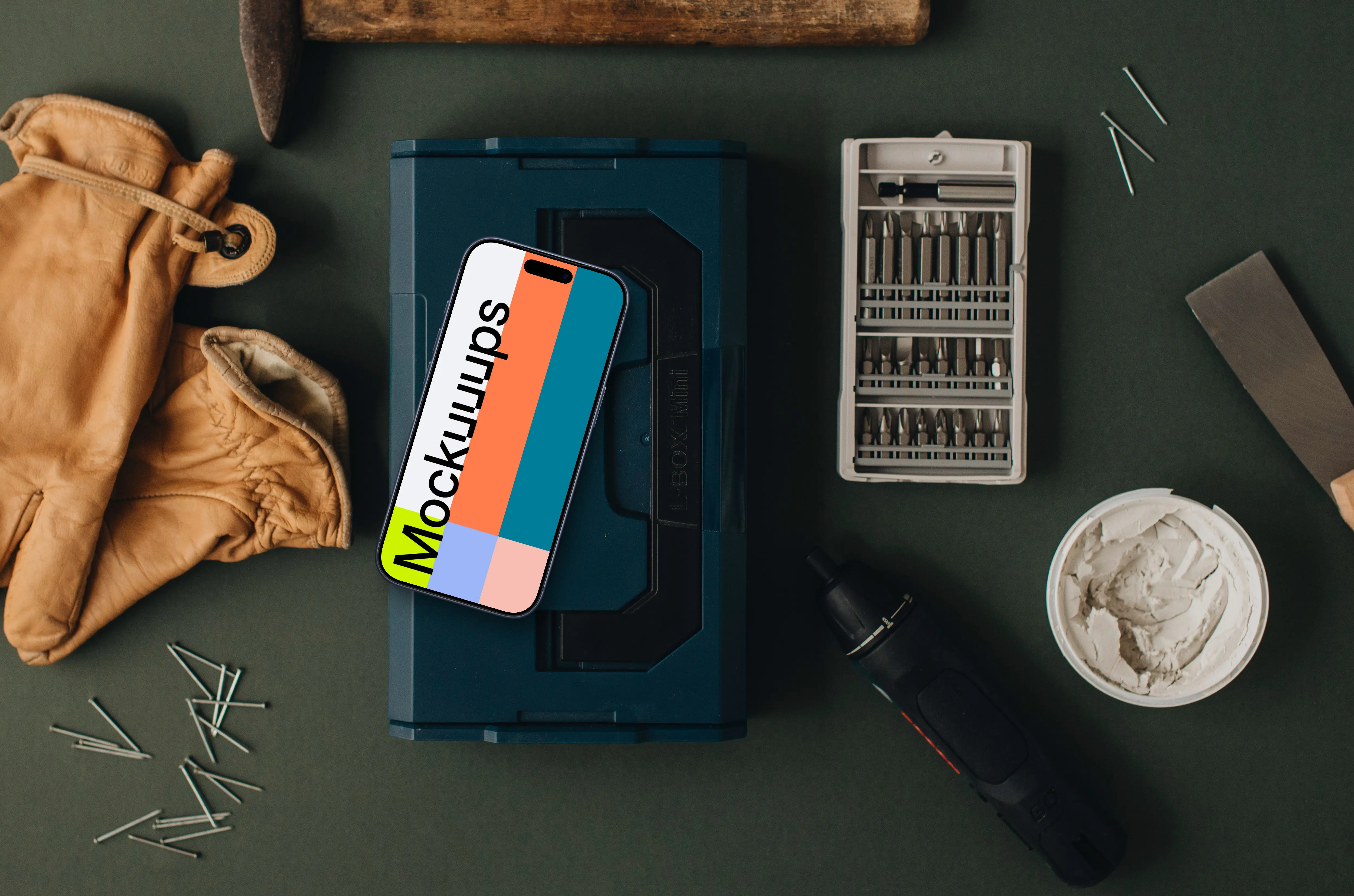Smartphone mockup with essential workshop supplies