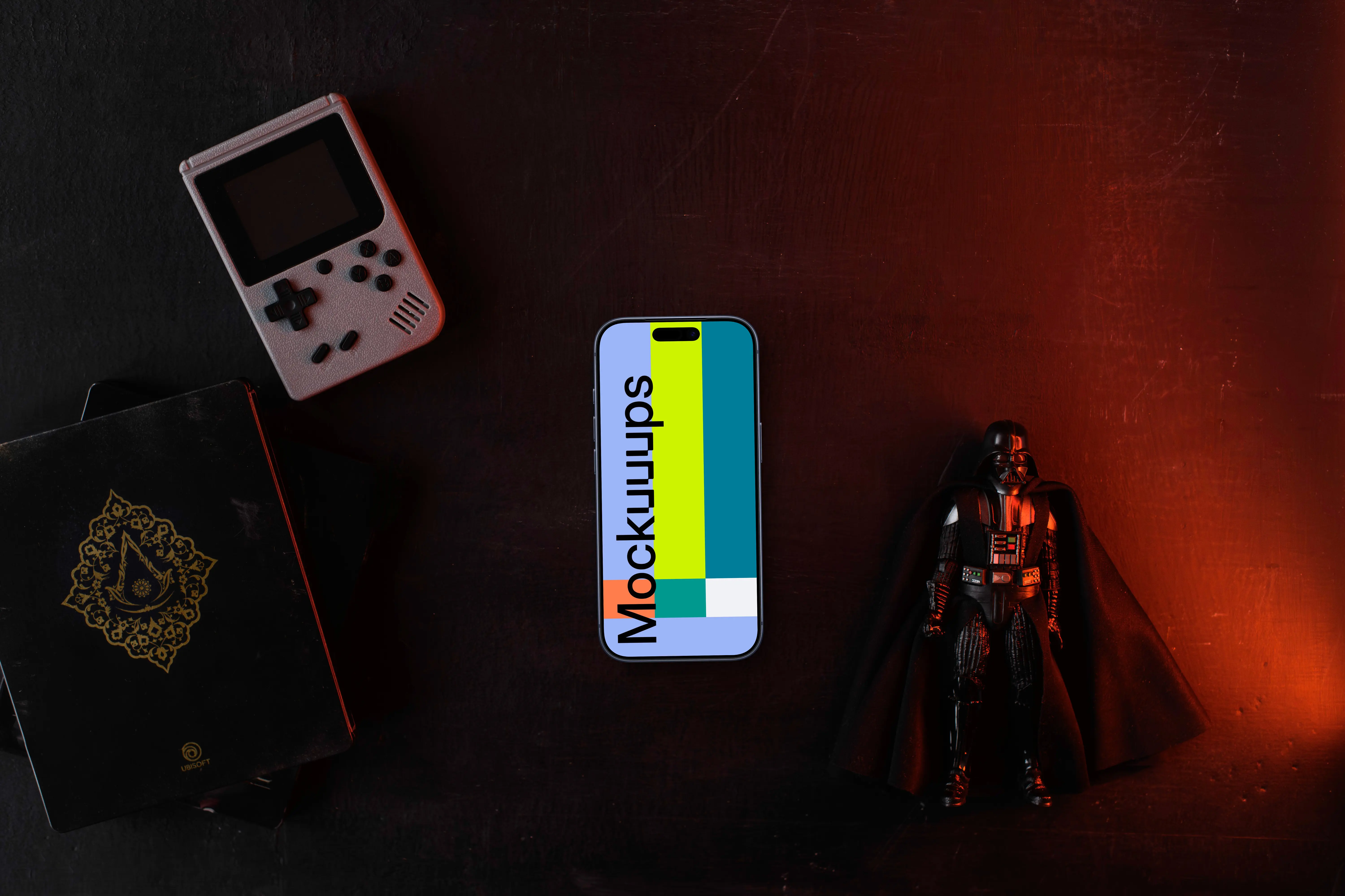 Smartphone mockup with vintage gaming console and collectible figure