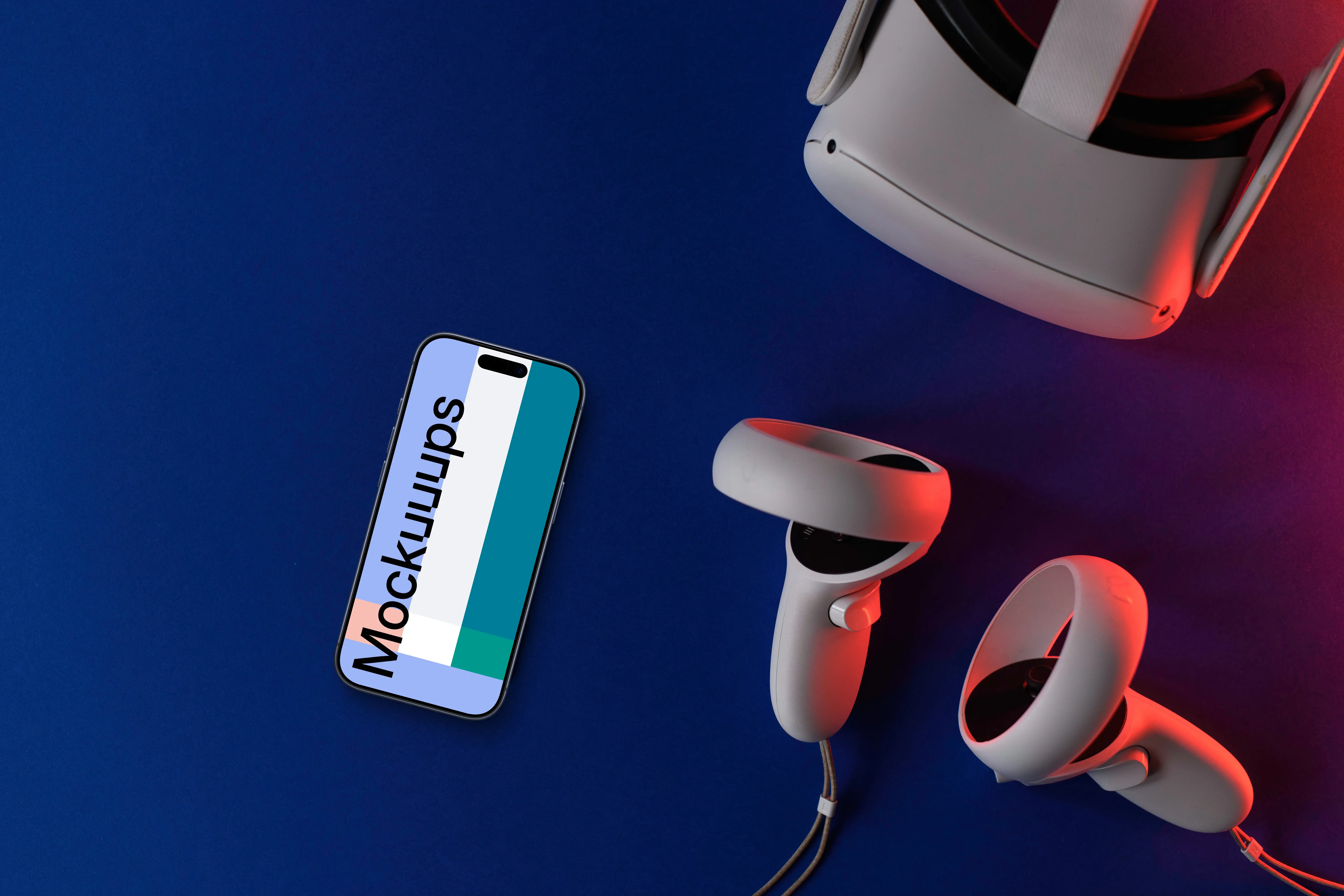 Smartphone mockup with VR headset and controllers on dual-tone background
