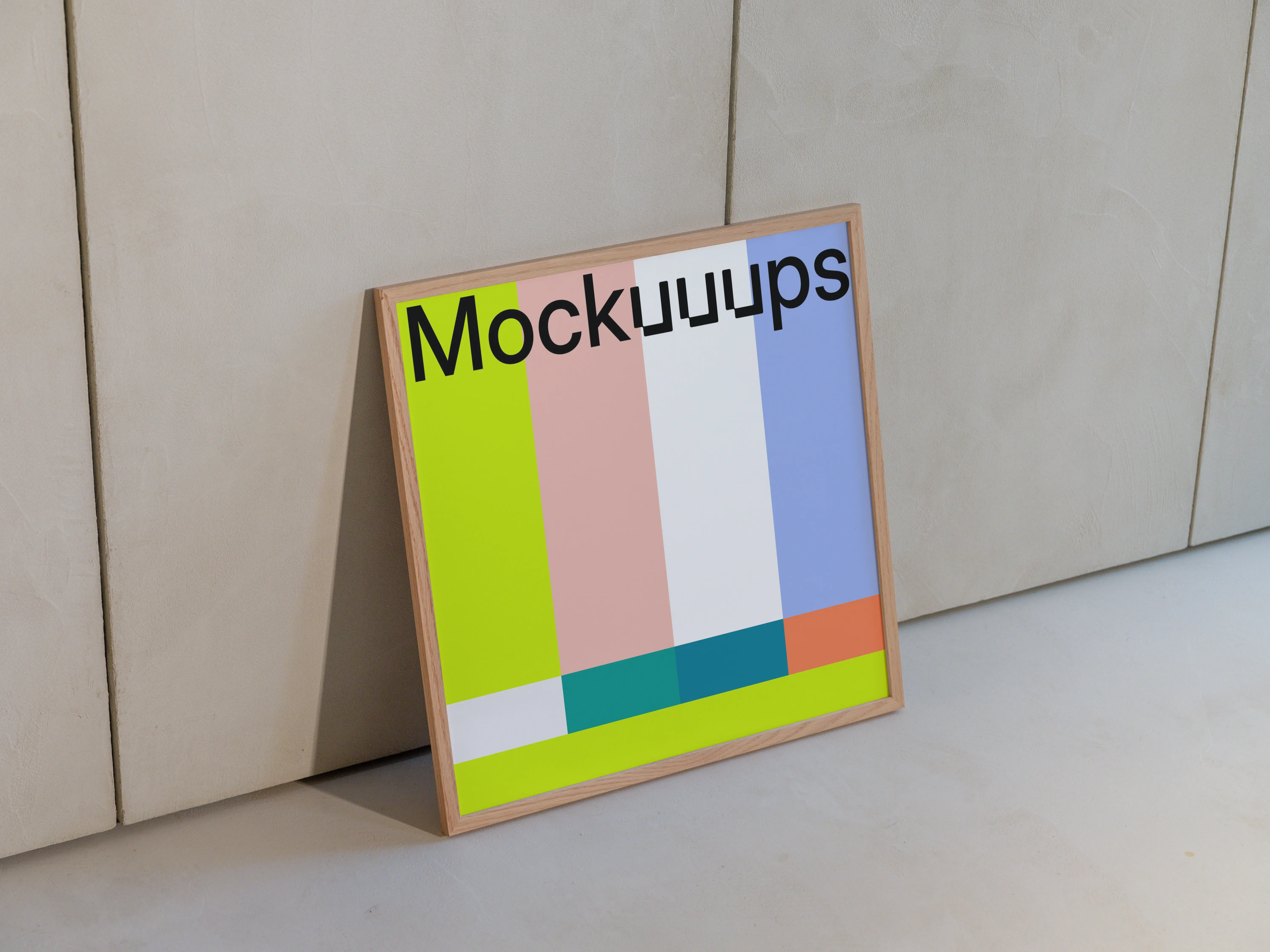 Square poster mockup leaning against a textured wall