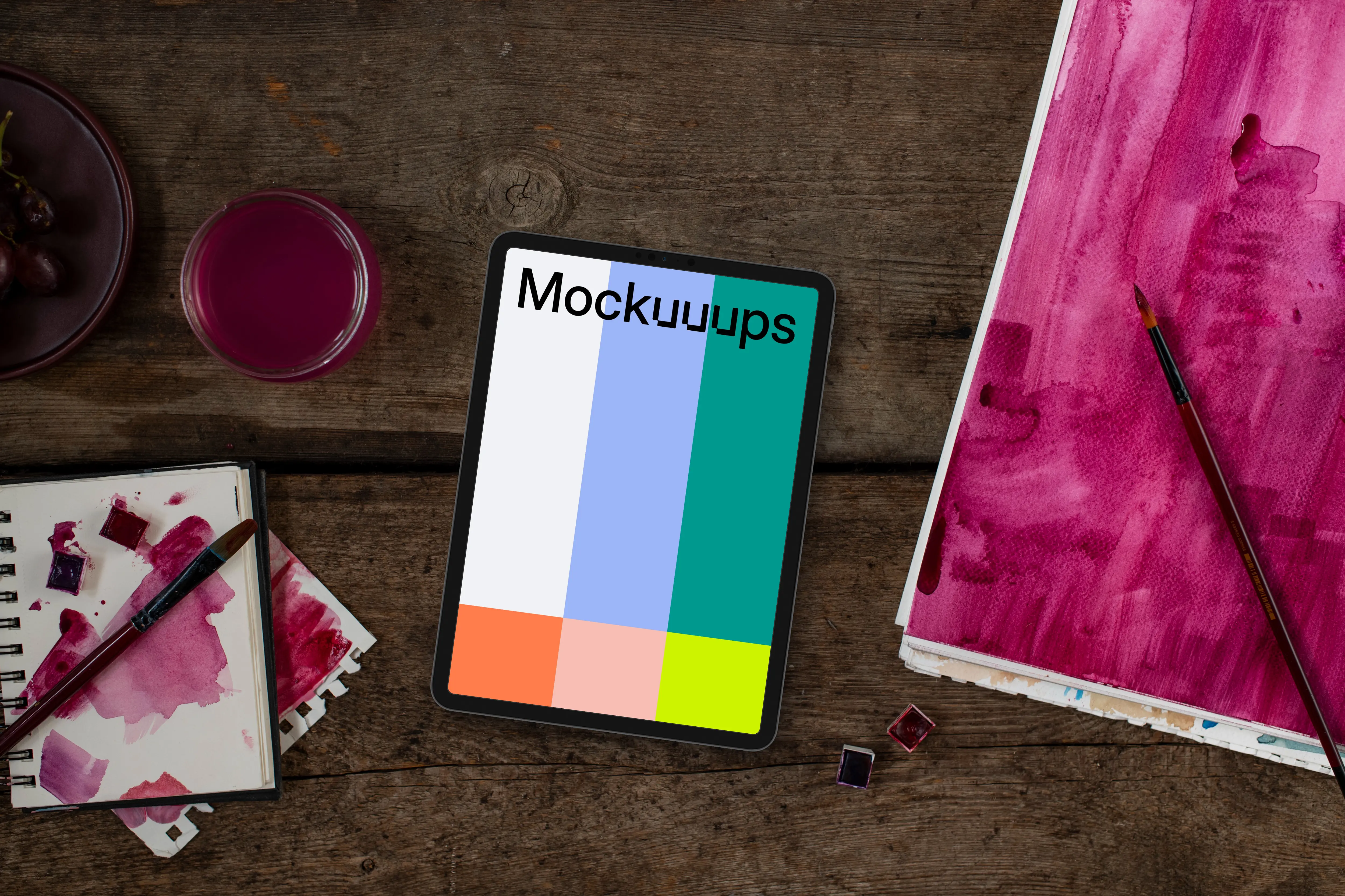 Tablet mockup and Viva Magenta watercolor painting