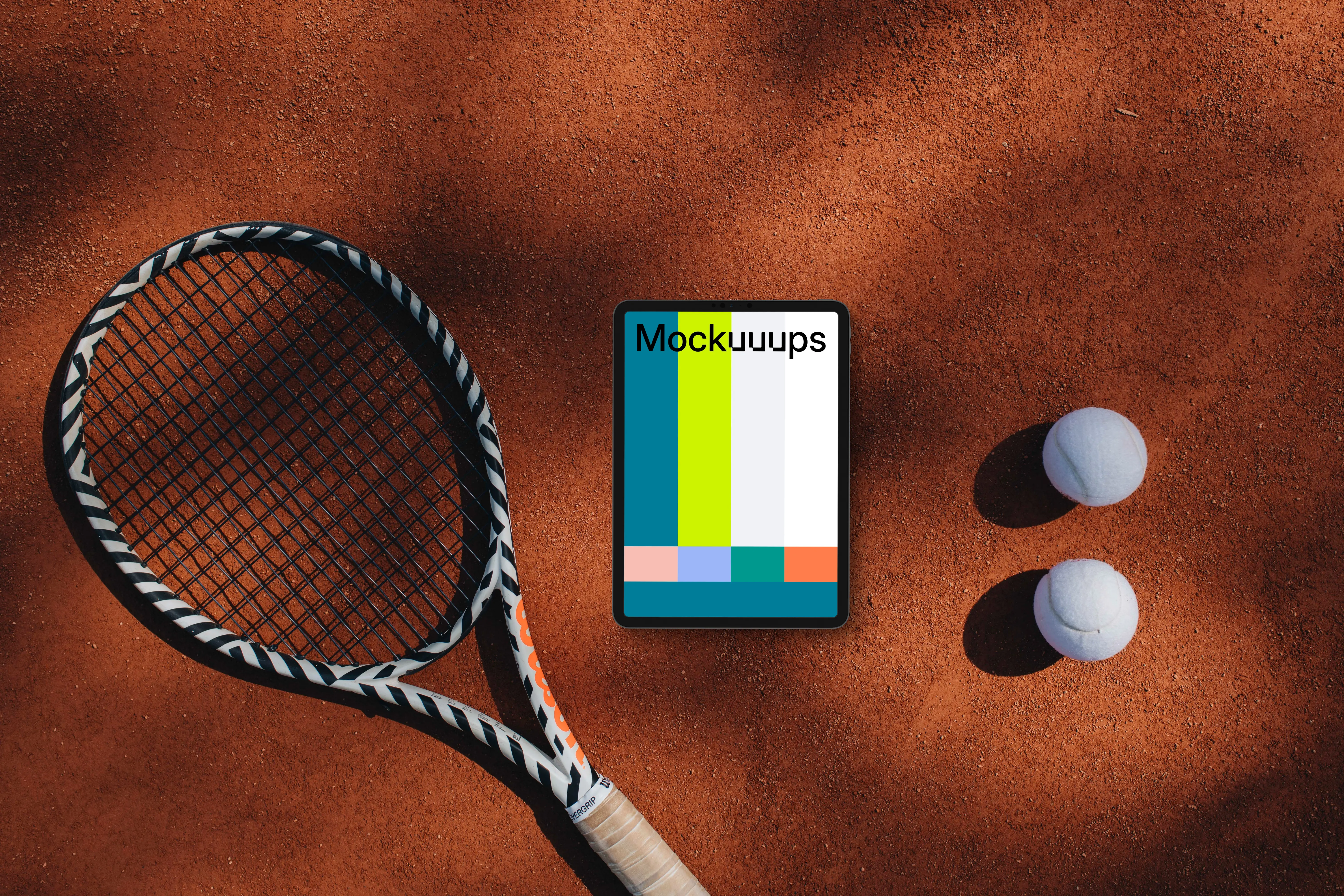 Tablet mockup between tennis racket and balls