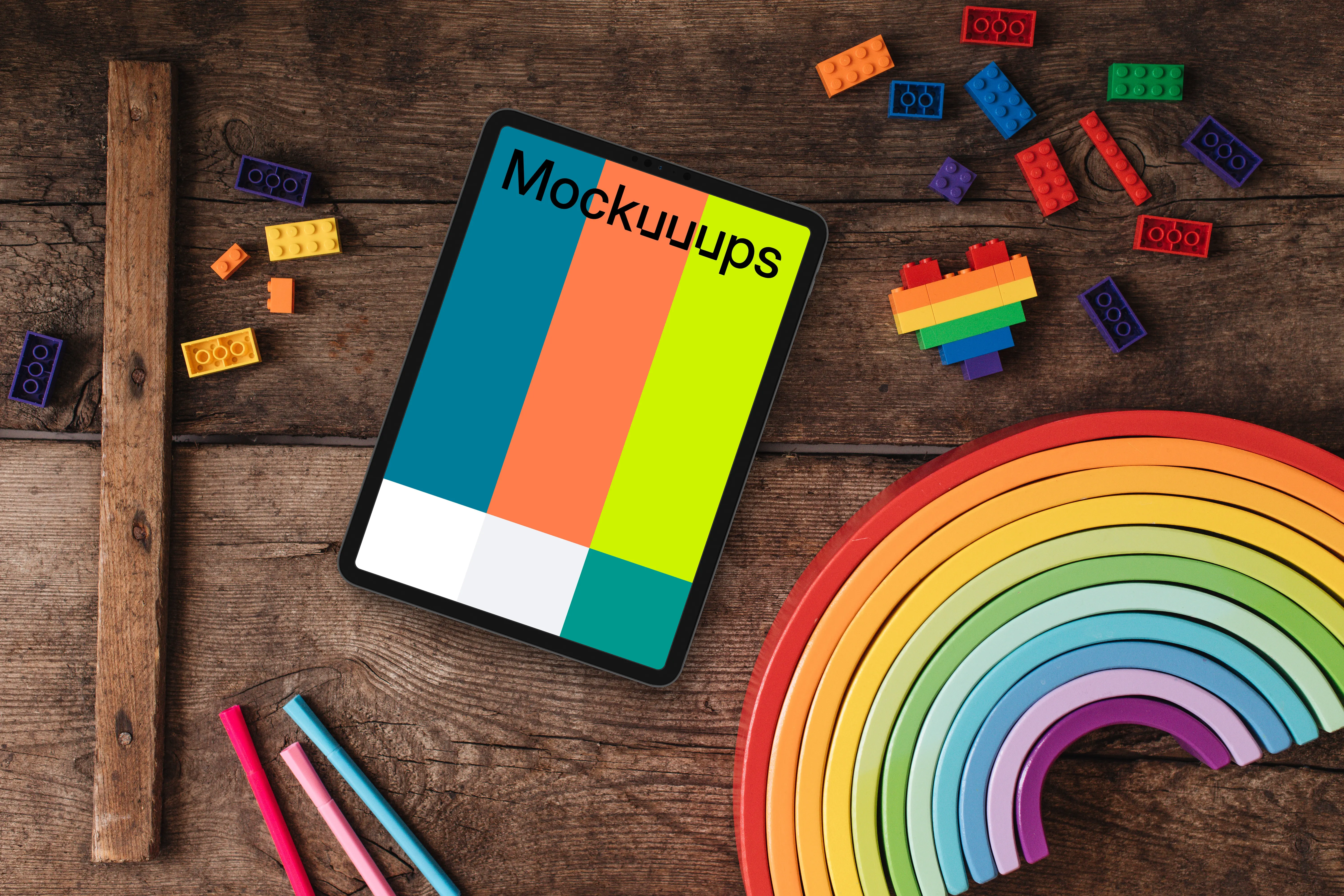Tablet mockup in a colorful pride scene