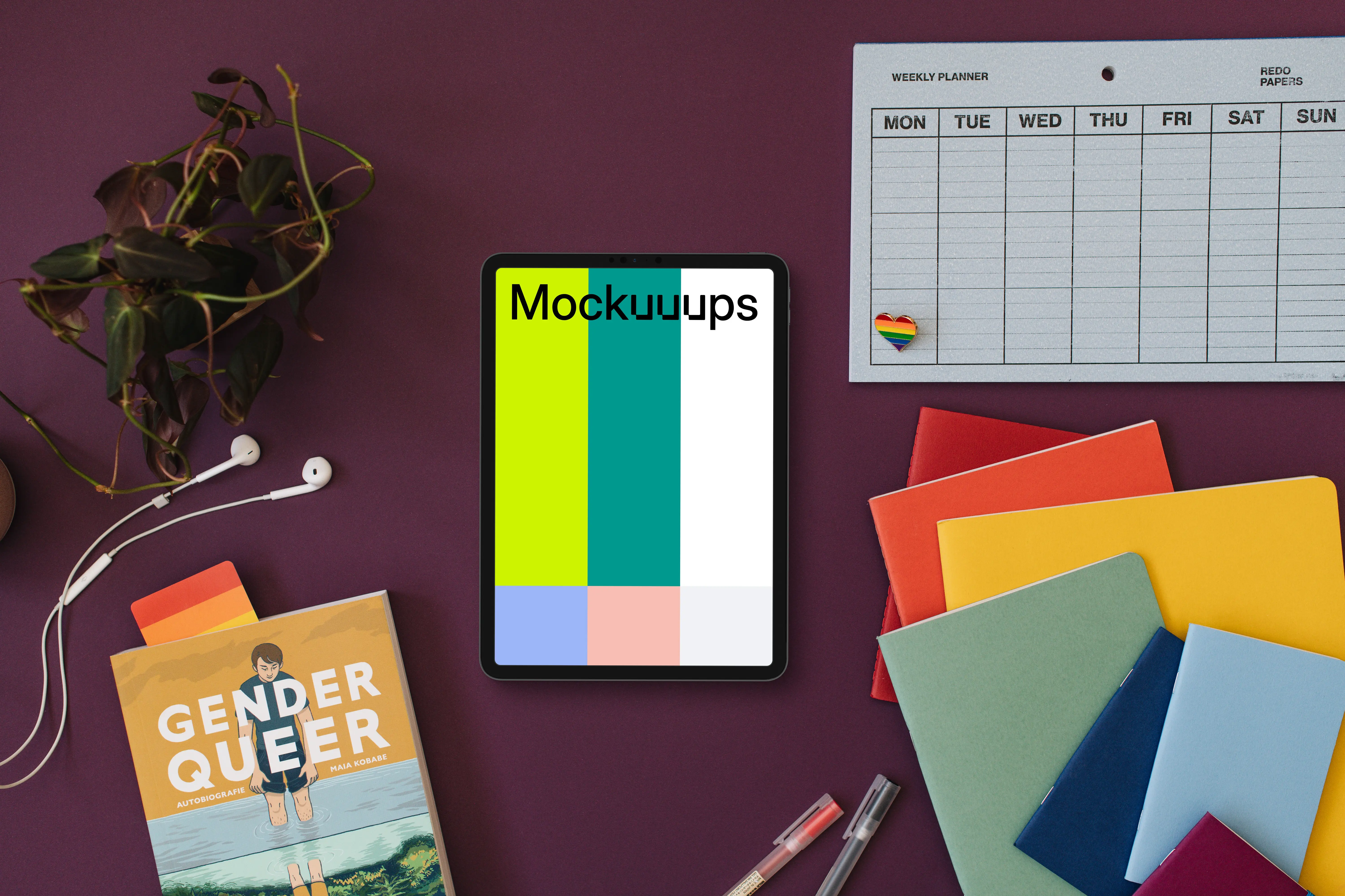 Tablet mockup in a purple scene with pride themed decorations