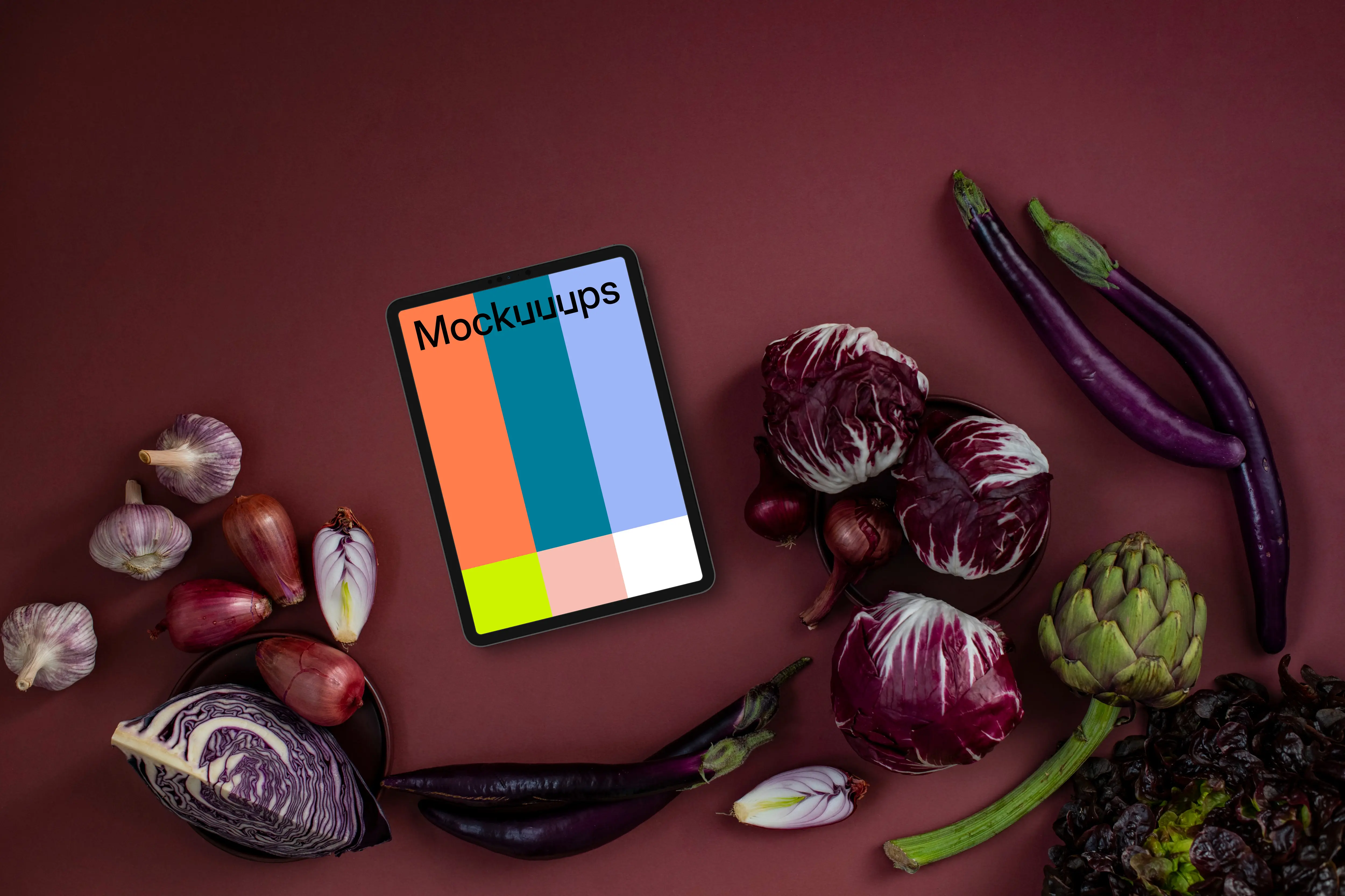 Tablet mockup with food in Viva Magenta shade