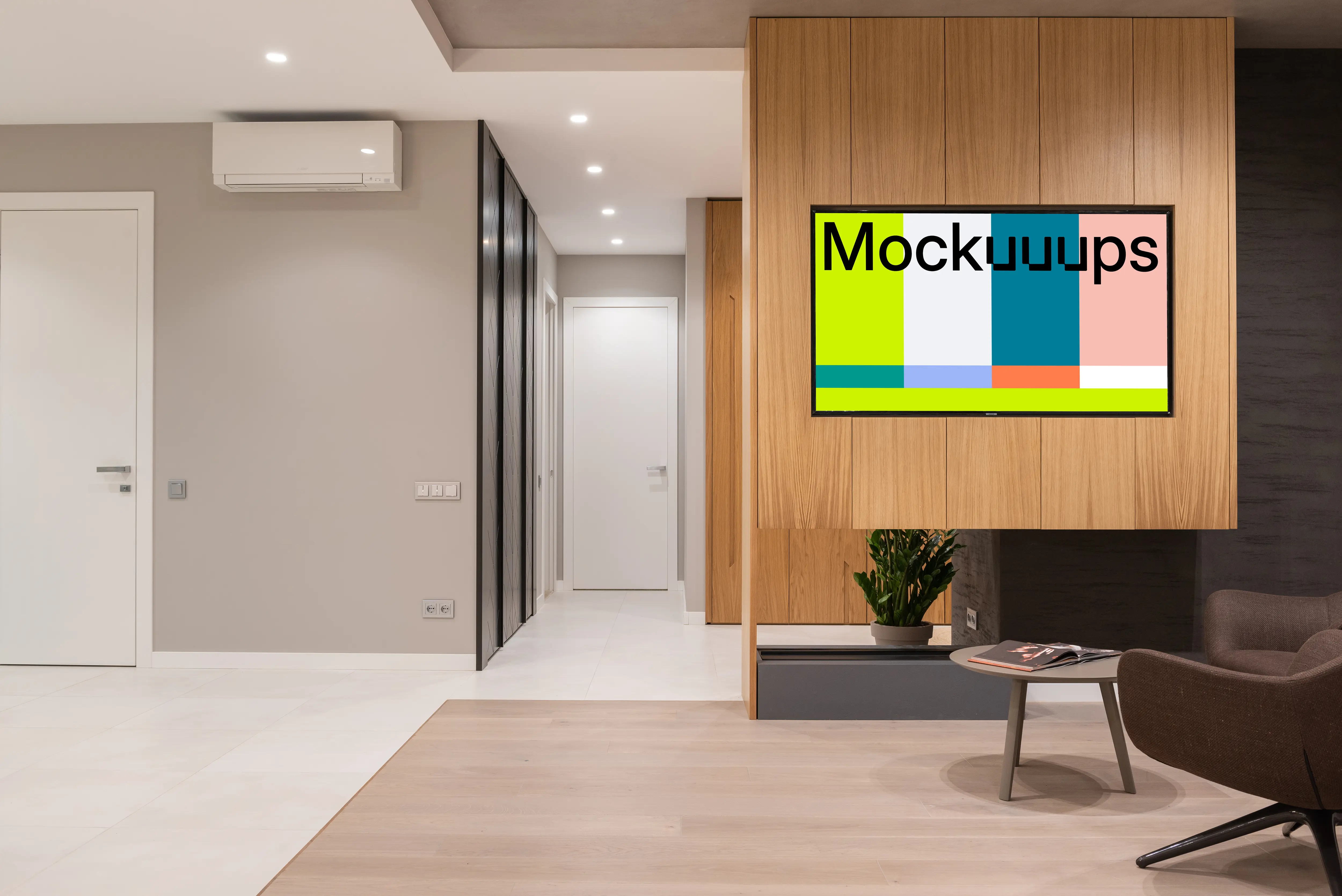 Television mockup built into wooden wall