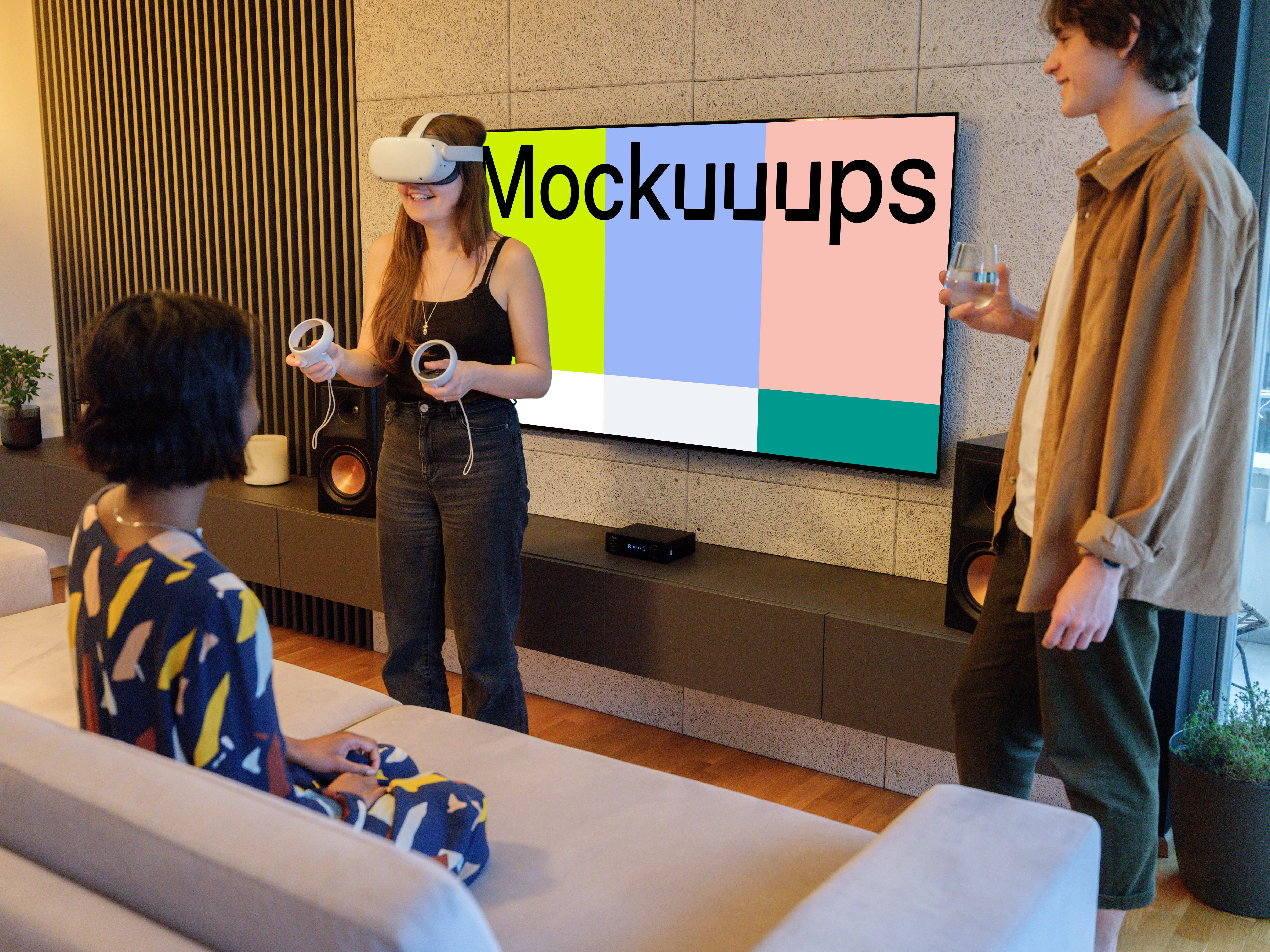 Television mockup in cozy living room gaming setup