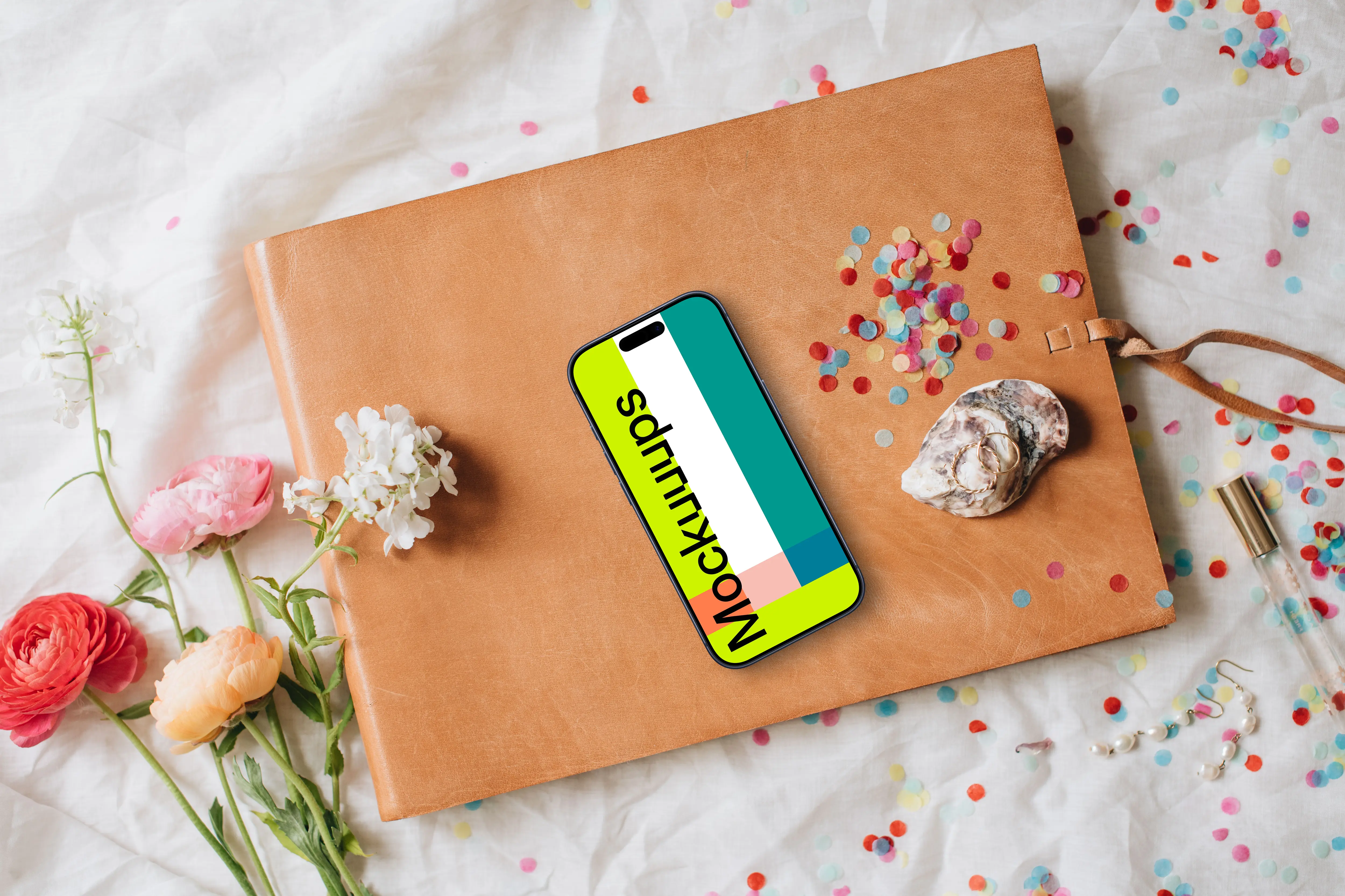 Wedding iPhone mockups embraced by flowers and confetti