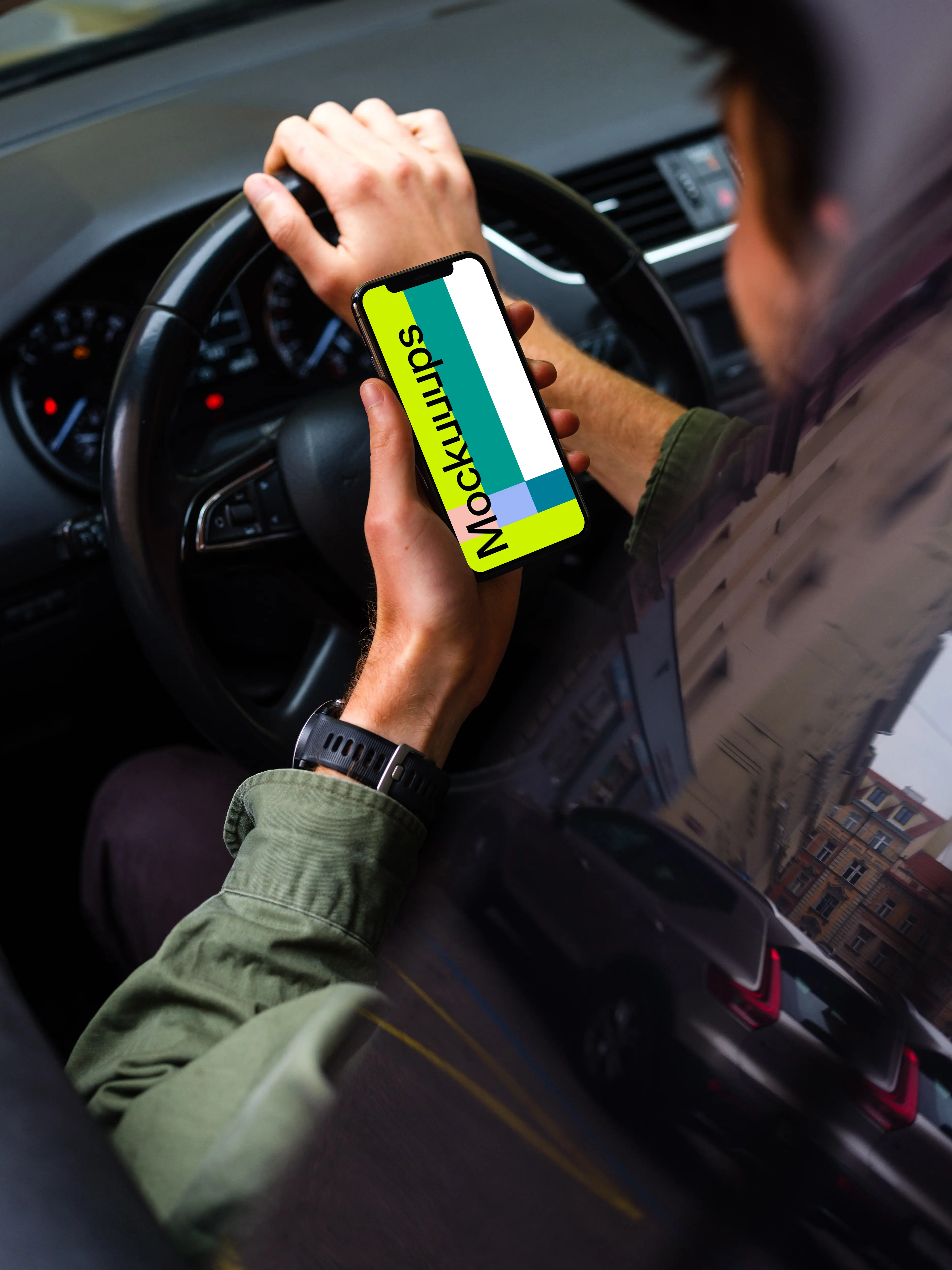 Window side view of driver using iPhone 11 mockup