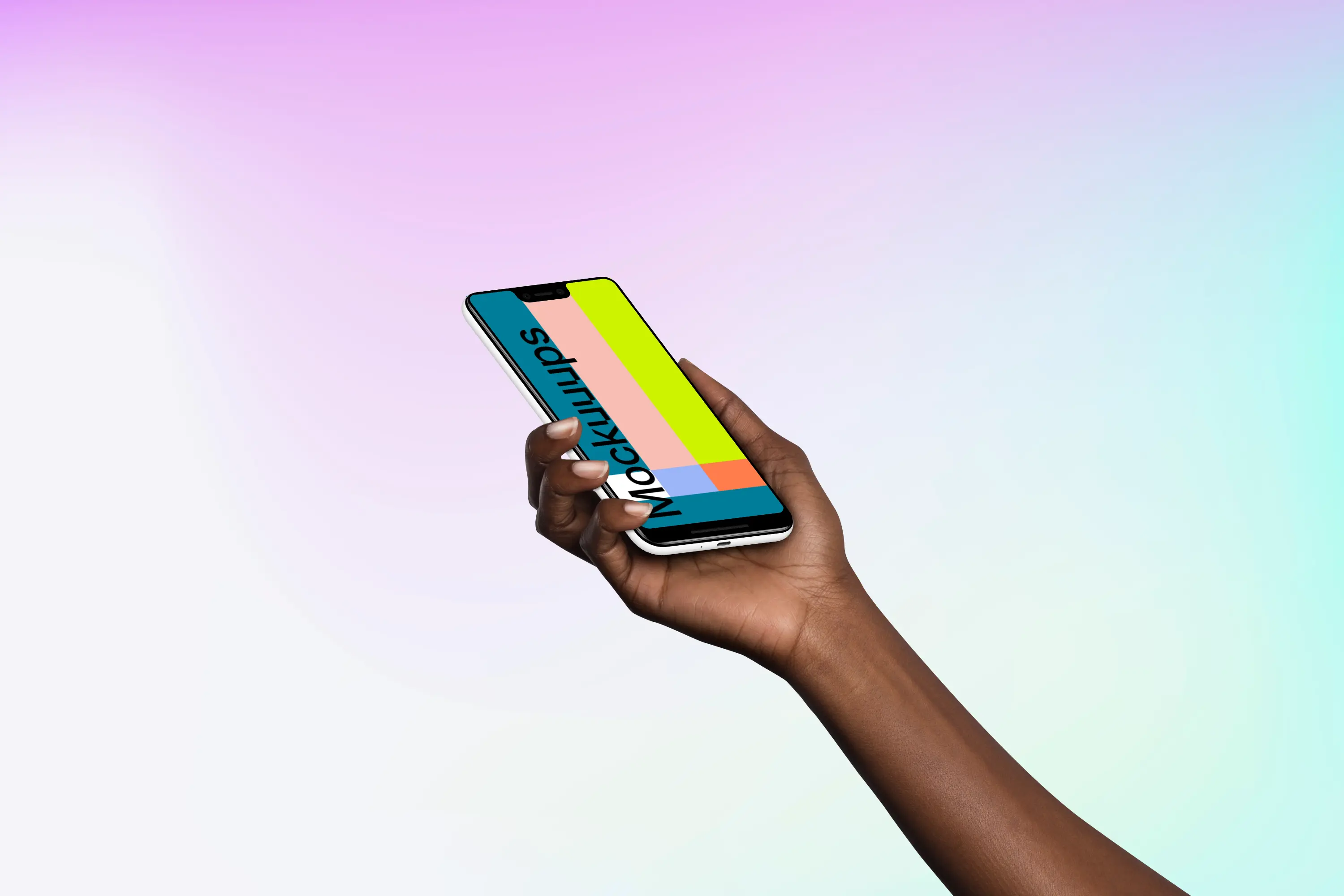 Woman holding Google Pixel 3 XL mockup (Perspective - Gradient 3)