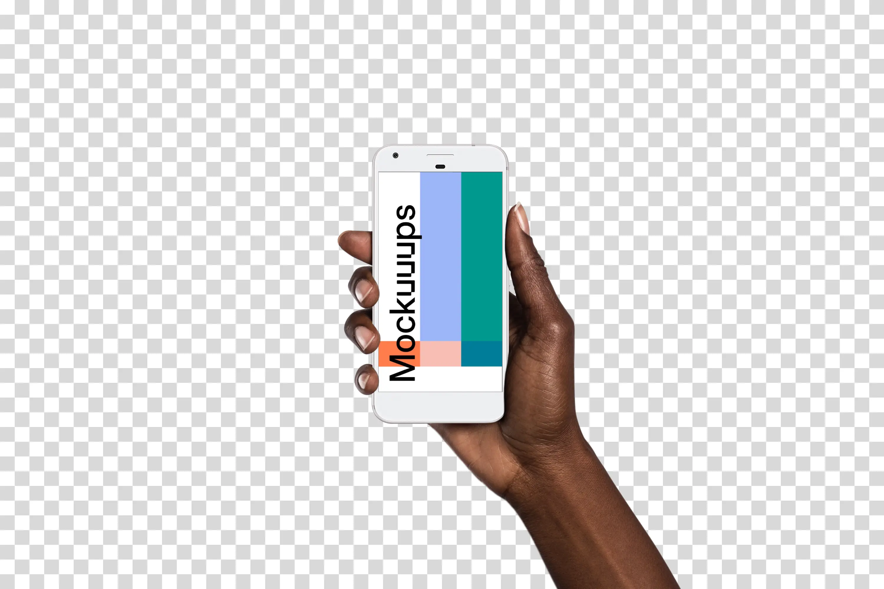 Woman holding Google Pixel Quite Silver mockup (Black skin)