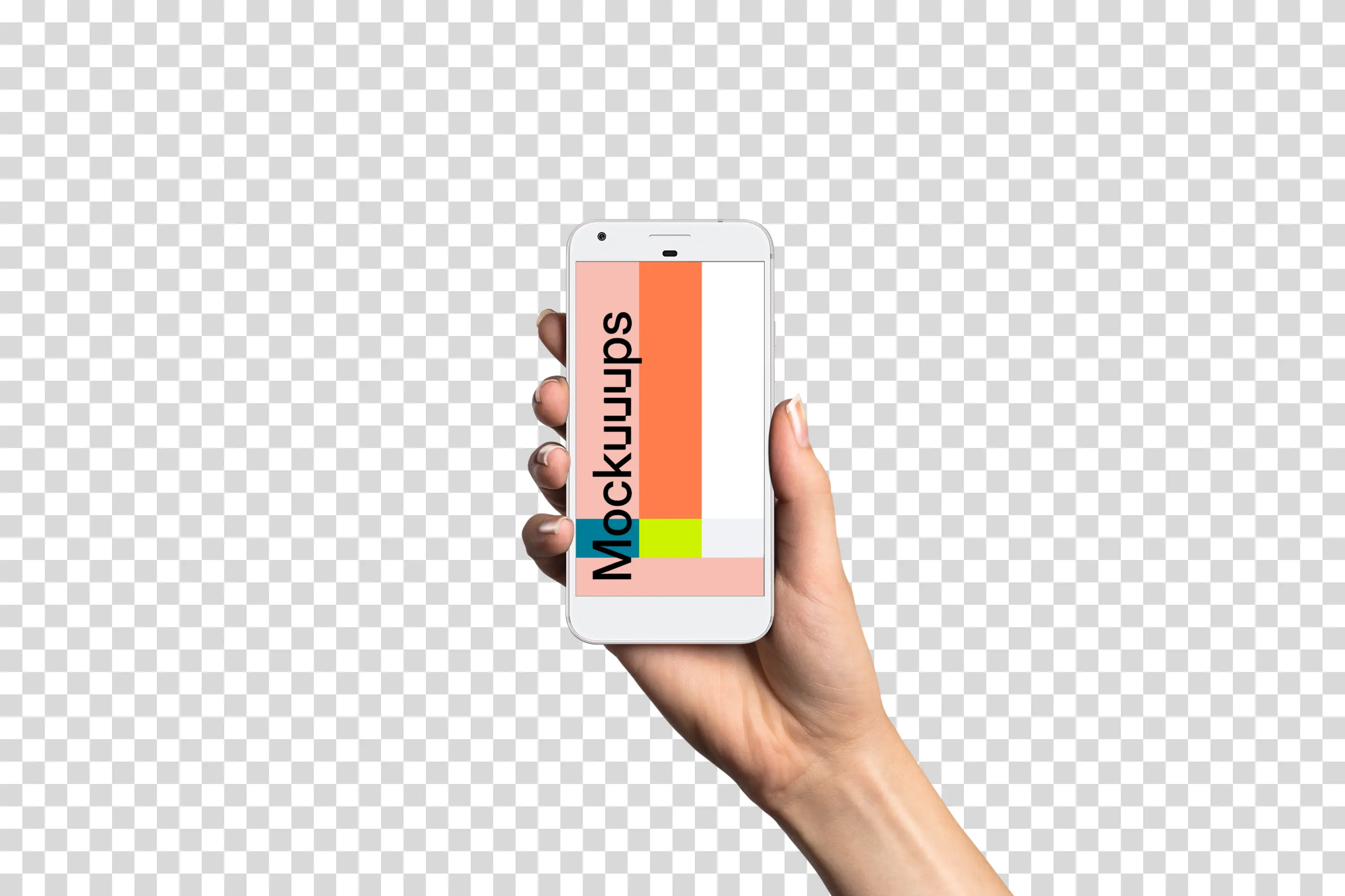 Woman holding Google Pixel Quite Silver mockup (White skin)