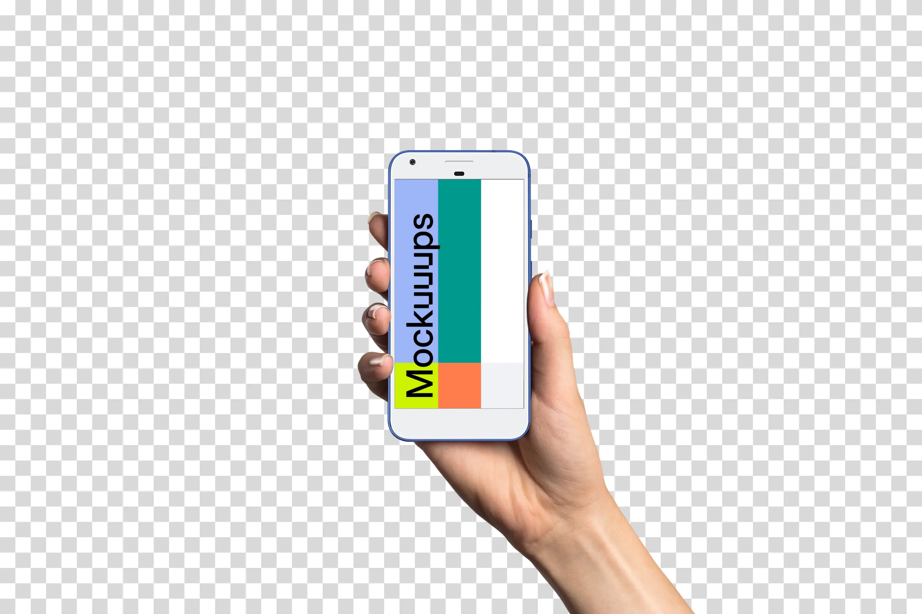 Woman holding Google Pixel Really Blue mockup (White skin)