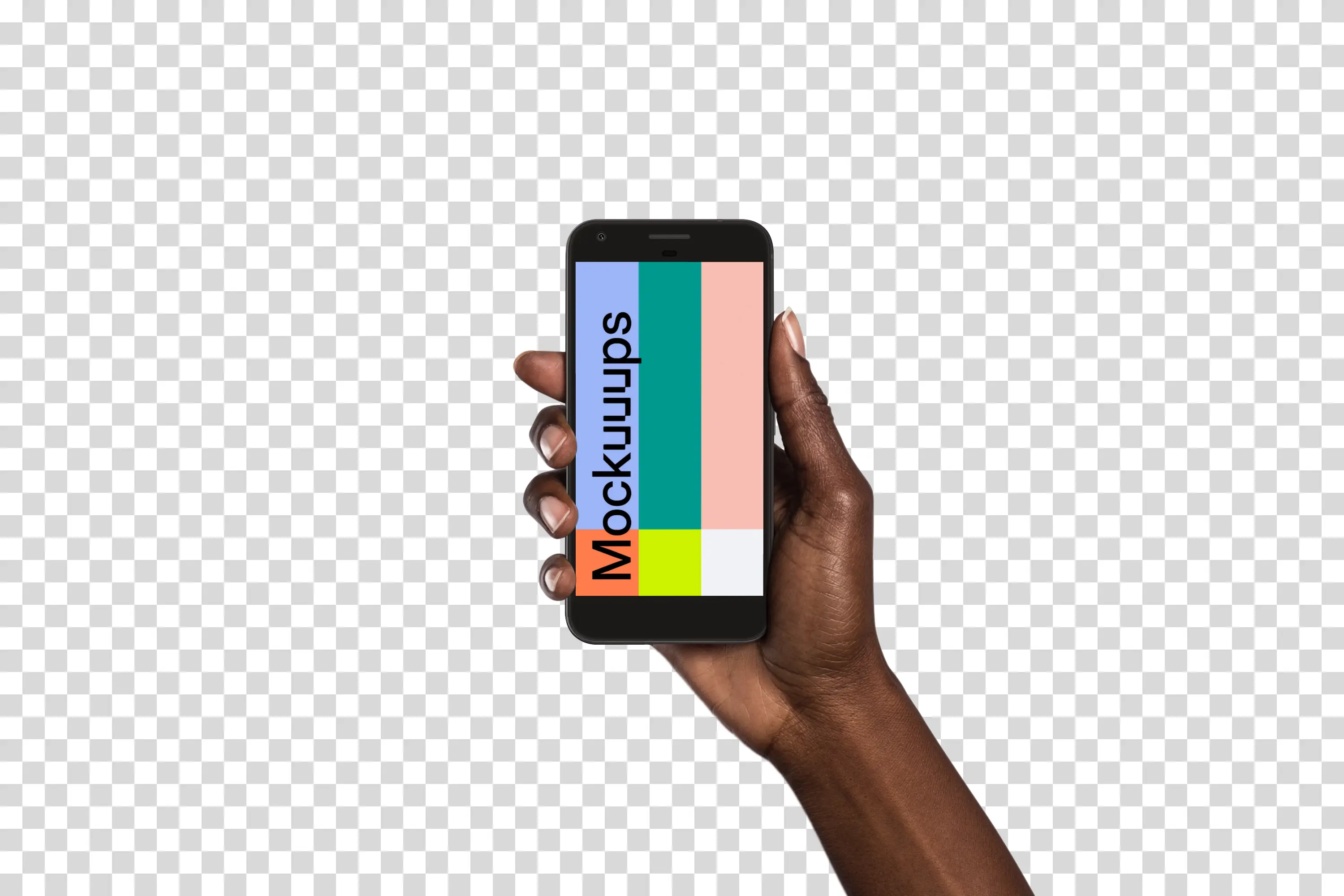 Woman holding Google Pixel Very Black mockup (Black skin)