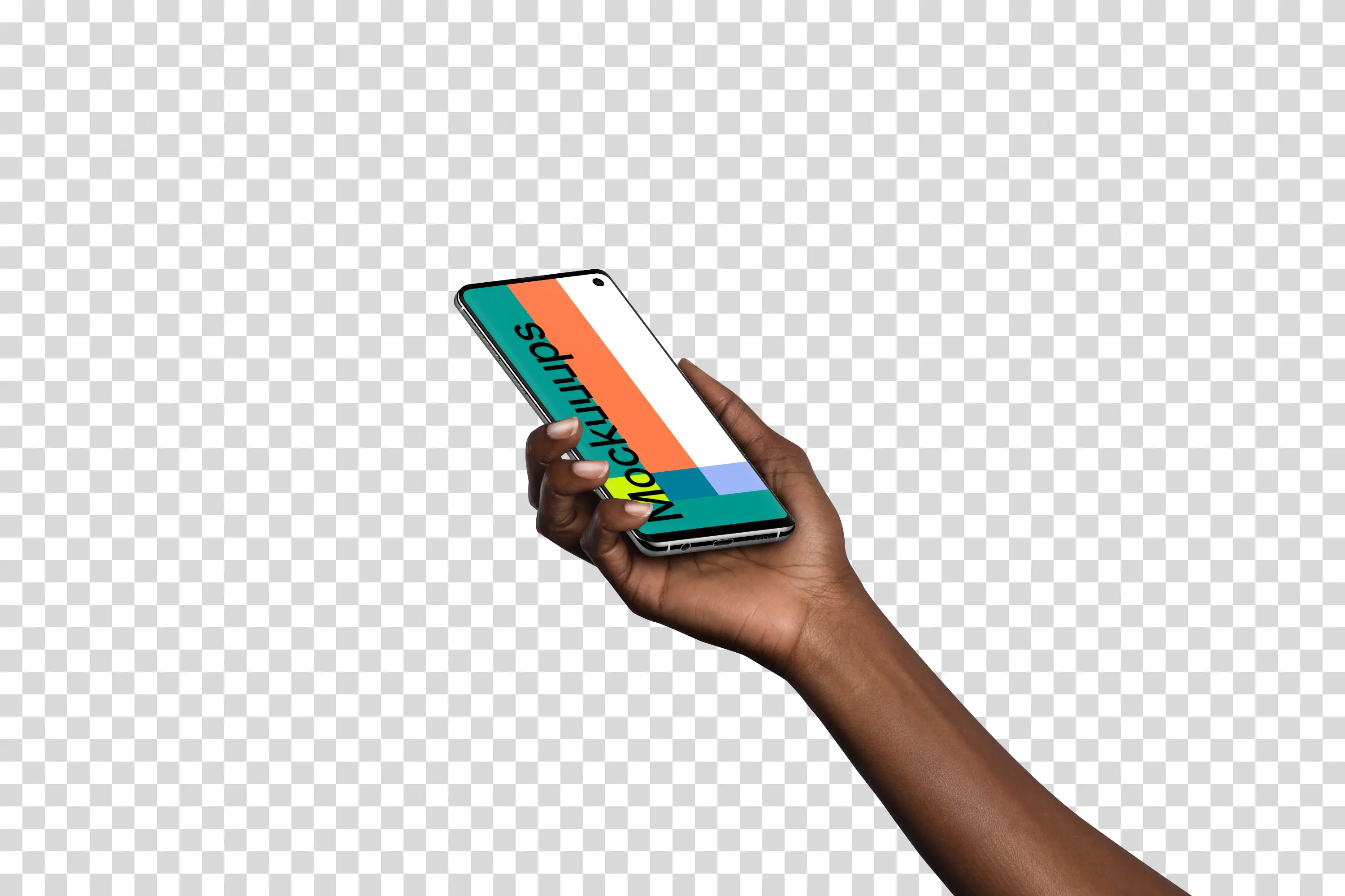 Woman holding Samsung Galaxy S10 mockup (Perspective - Transparent)