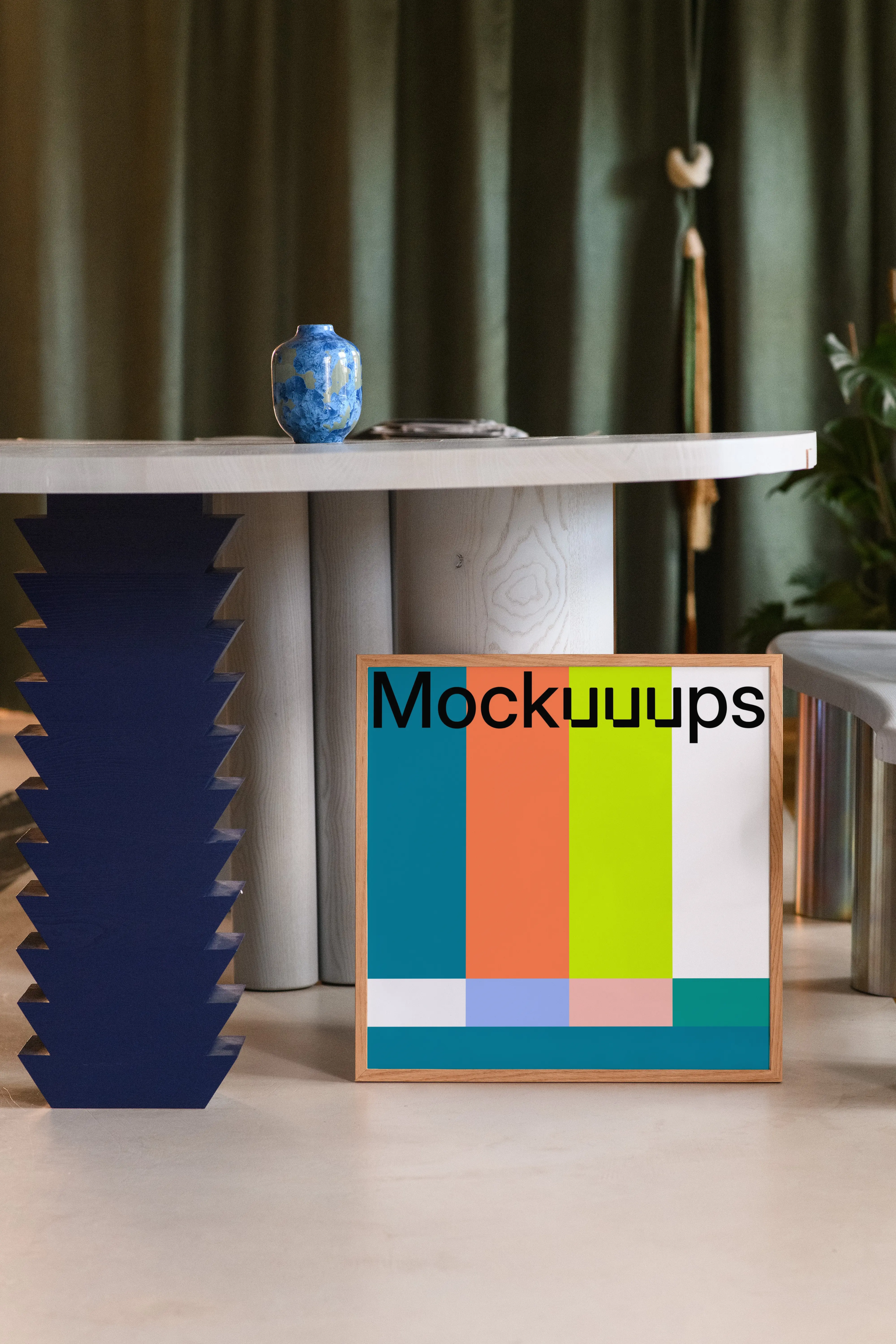 Wooden frame mockup on a modern table with decor