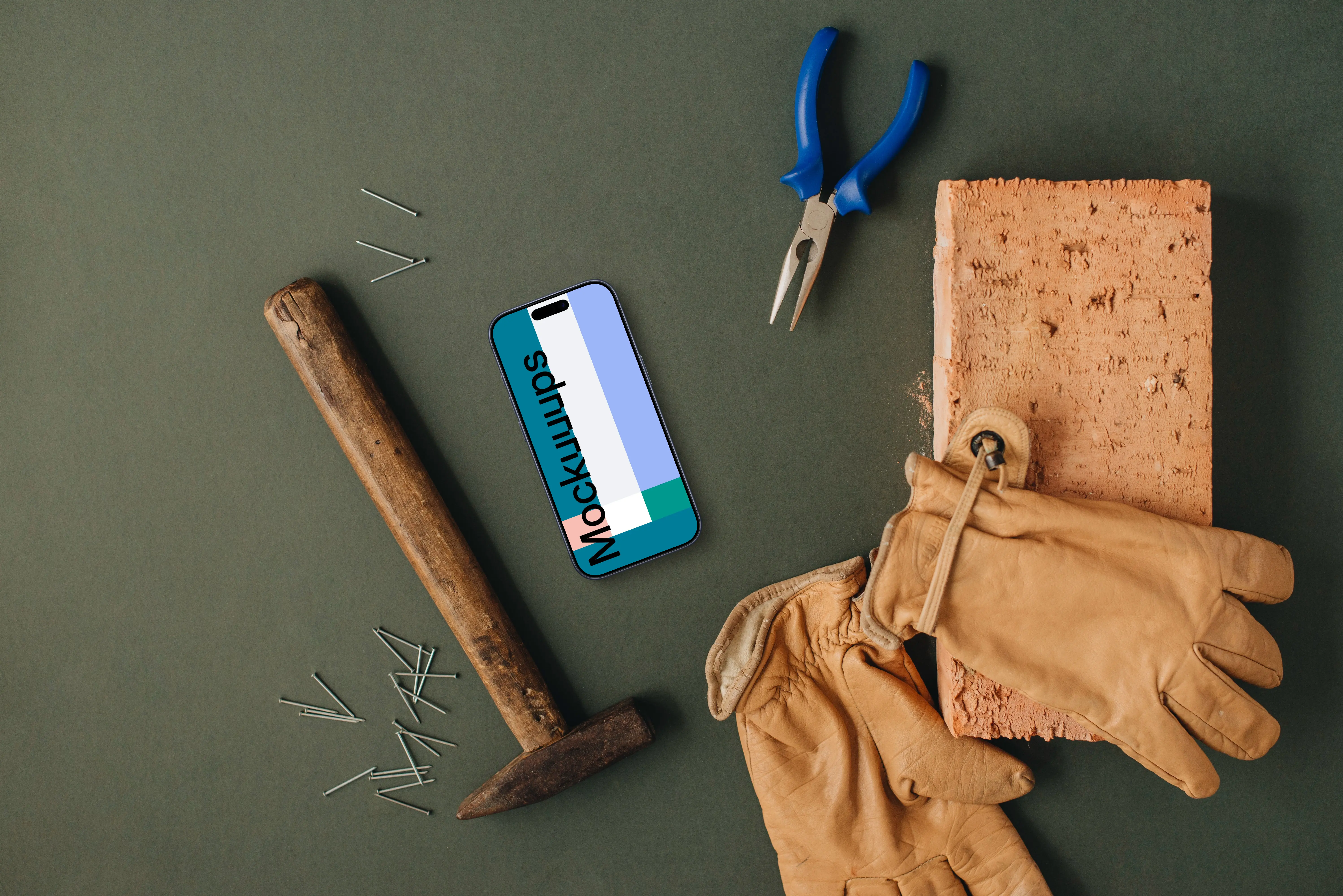 Workshop supplies and a phone mockup