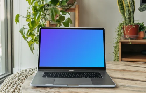 MacBook Pro mockup on a wooden table