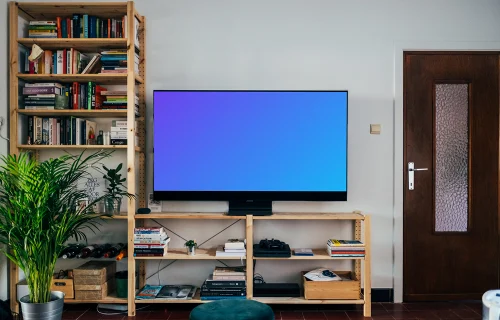 Televisão mockup em um suporte de madeira para mesa