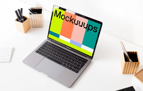 Angle view of the Macbook Pro mockup on the light table