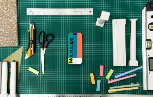 Architect's smartphone mockup on drafting table