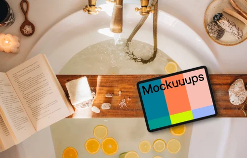 Bathtub relaxation scene with an iPad mockup
