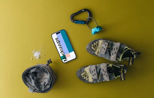 Climbing equipment with iPhone mockup