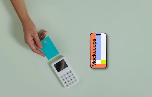 Credit card terminal next to the iPhone mockup