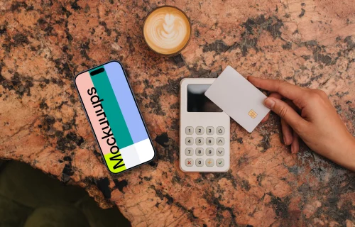 Cup of coffee, payment terminal and an iPhone mockup
