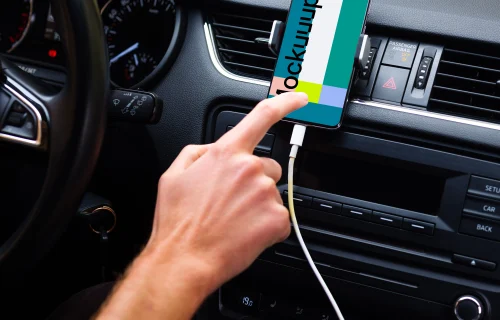 Driver tapping navigation mounted Samsung S20 mockup