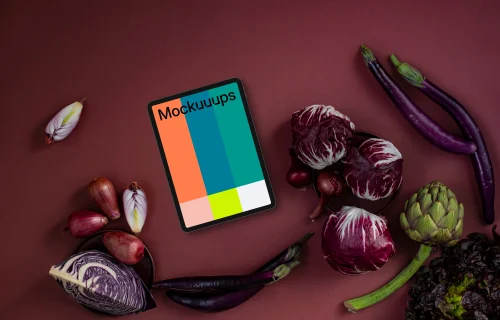 Food in Viva Magenta color shade next to the tablet mockup