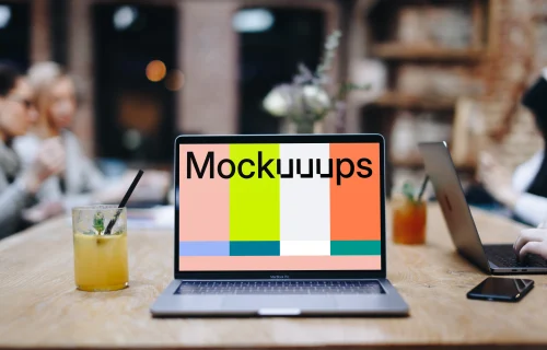 Front view mockup of Macbook Pro in the coffee